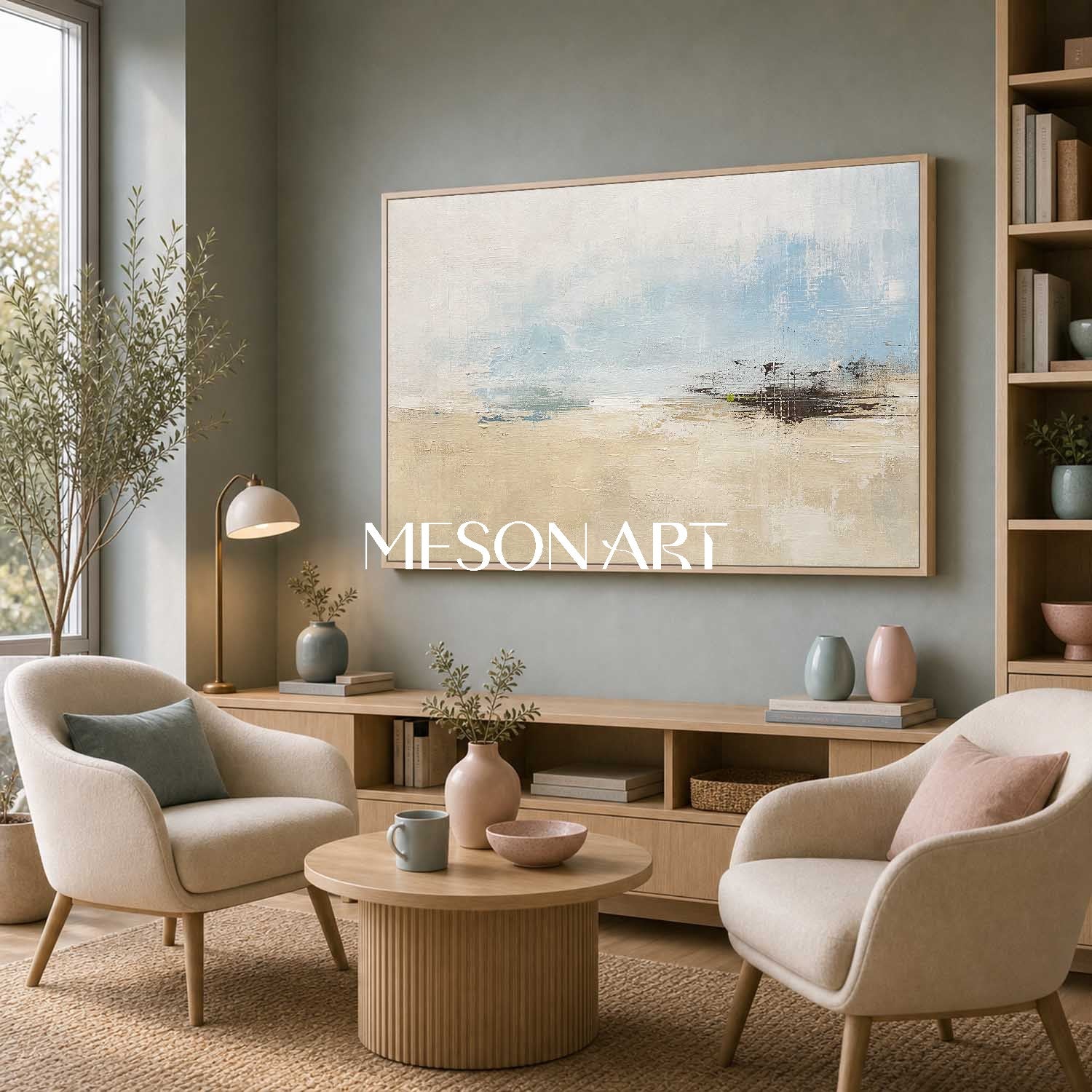 Abstract Blue And Beige Landscape Art For Tranquil Living Room Decor