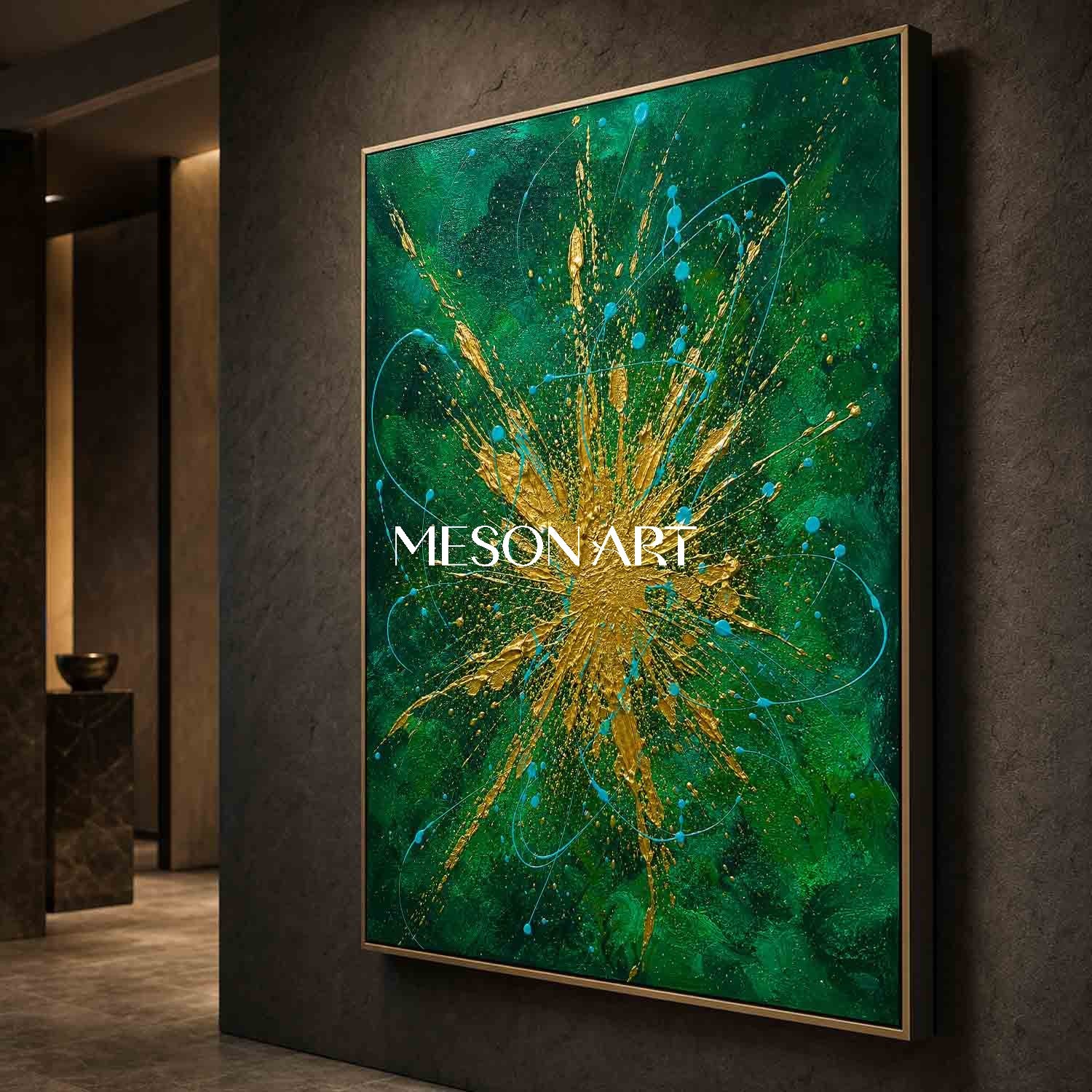 Emerald Green And Gold Abstract Painting With Textured Relief For Modern Living Room Decor