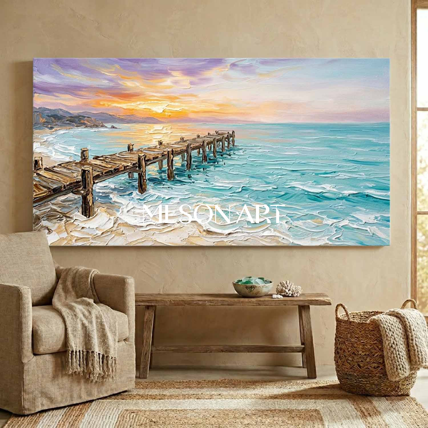 Original Impasto Seascape Painting With Pier For Coastal Living Room Decor