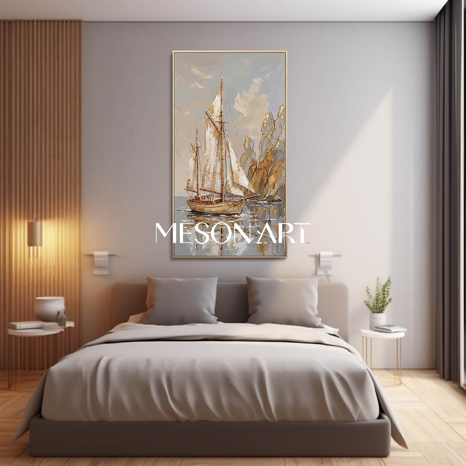 Art Deco Sailboat Painting With Gold Accents For Coastal Living Room Decor