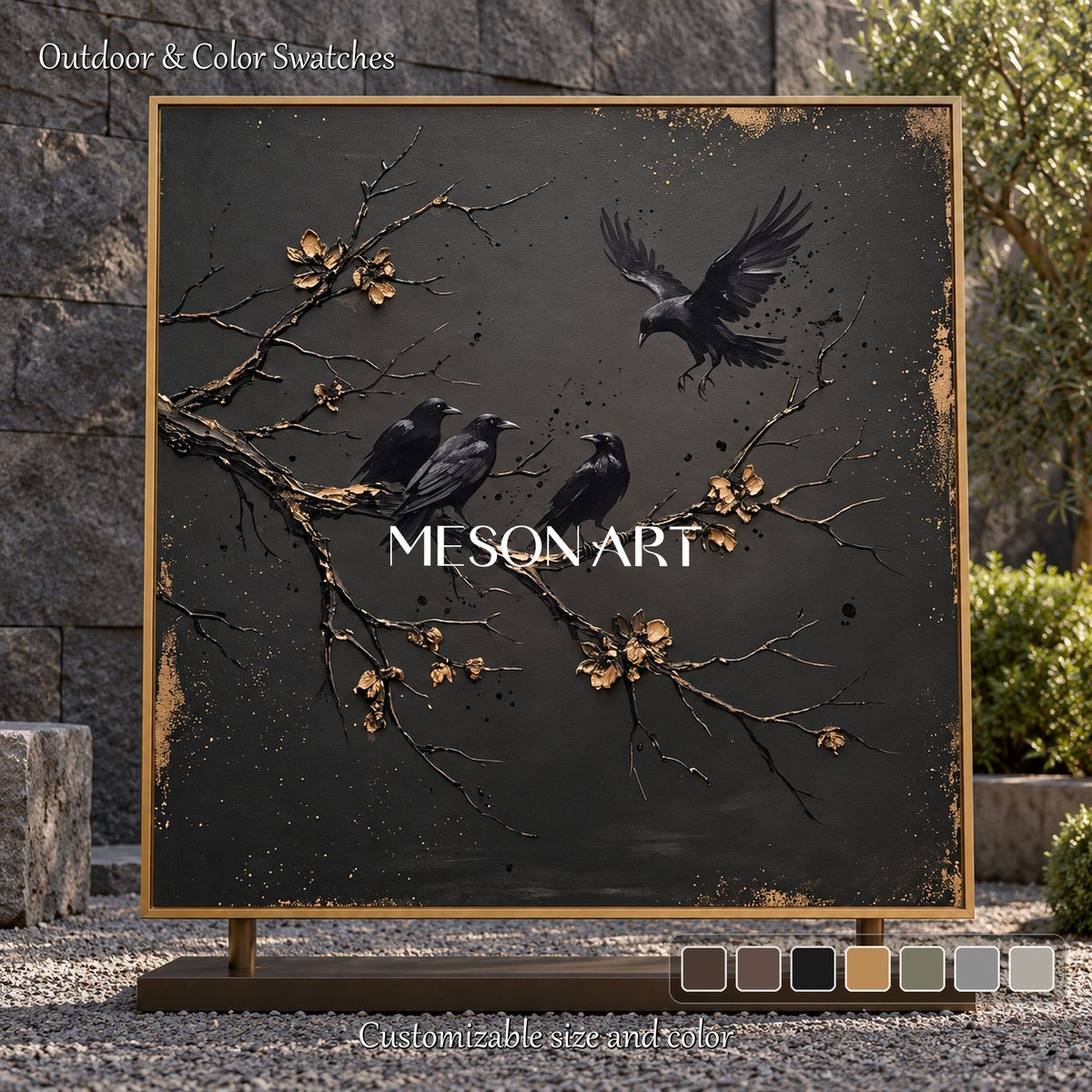 Black And Gold Painting Textured Crow Art Square Wall Decor For Living Room By Mesonart