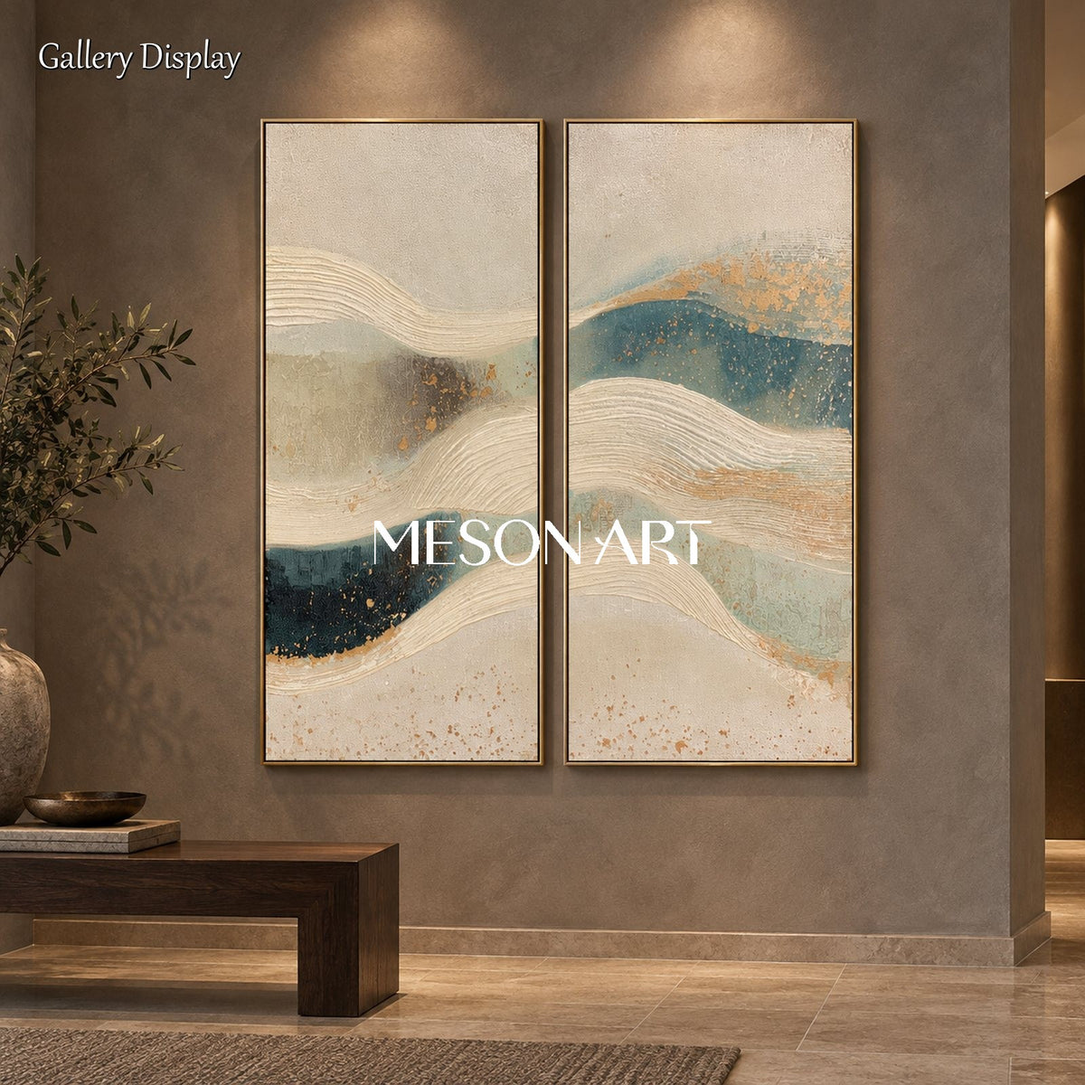 Beige And Blue Abstract Art Rectangular Wall Decor Original Artist Hand Painted By Mesonart