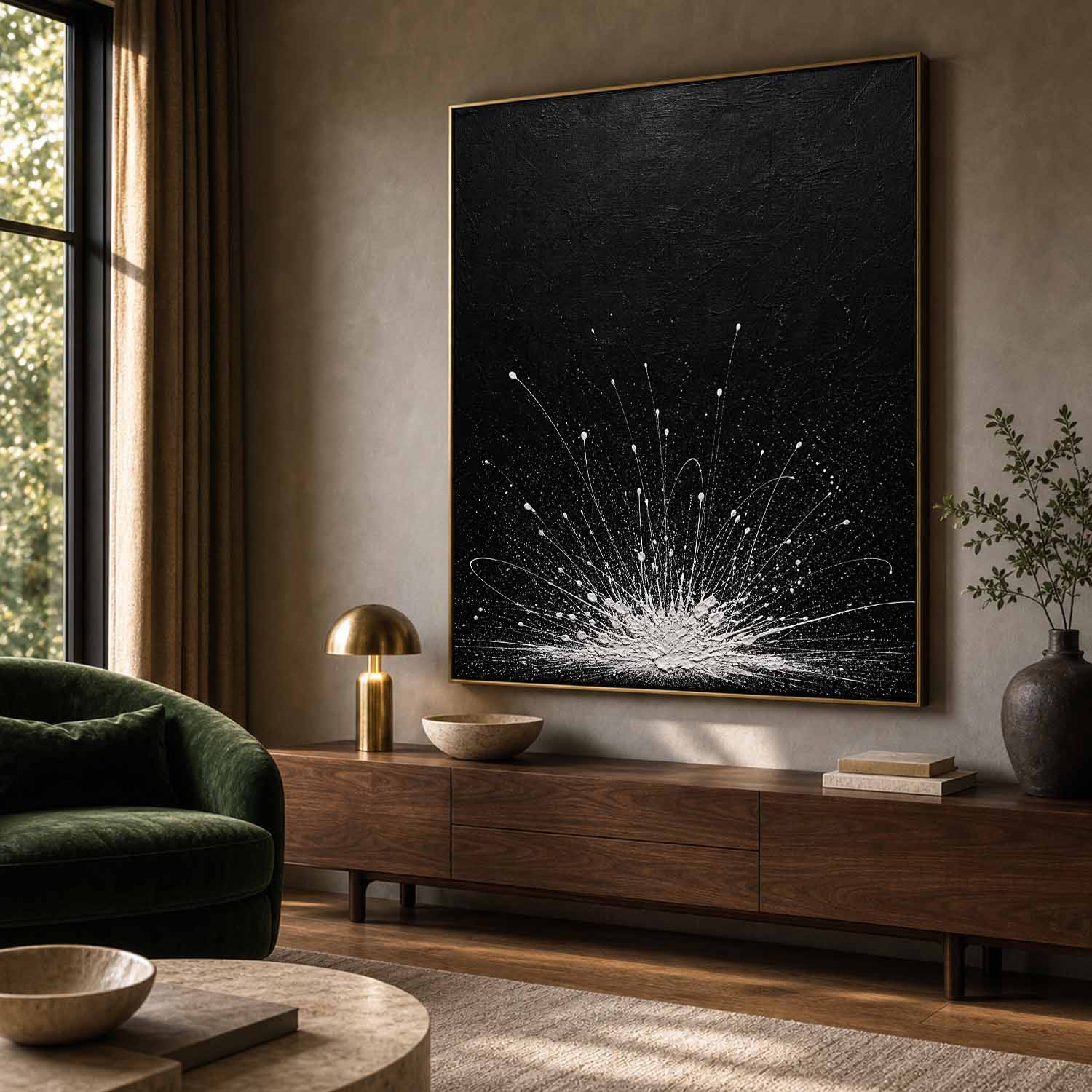 Abstract Black White Explosion Painting Original Oil Art For Modern Living Room Entryway Decor