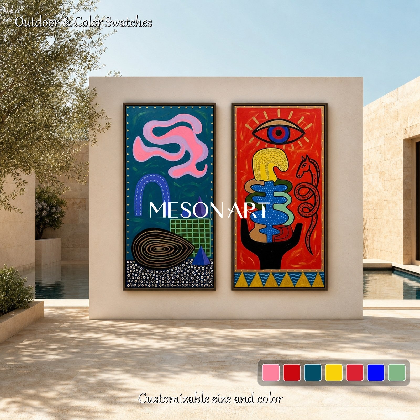 Original Surrealist Art Painting With Bold Red And Teal Colors For Living Room Decor