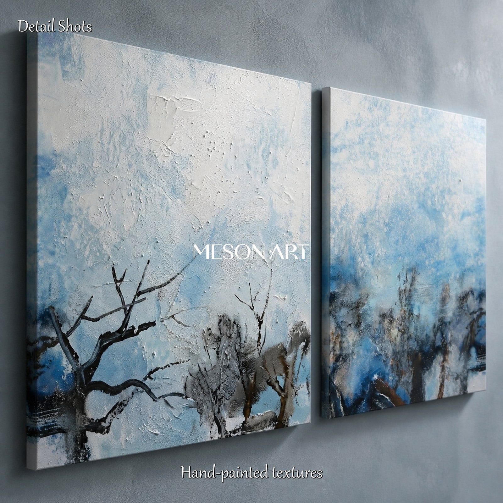 Blue And White Textured Abstract Landscape Painting Rectangular Wall Art For Living Room By Mesonart