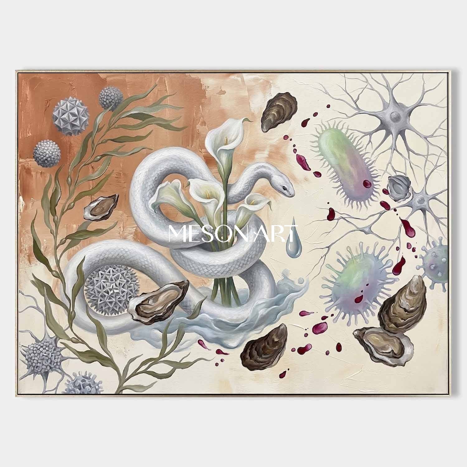 Original Bio Surrealist White Snake Oil Painting Luxury Villa Decor