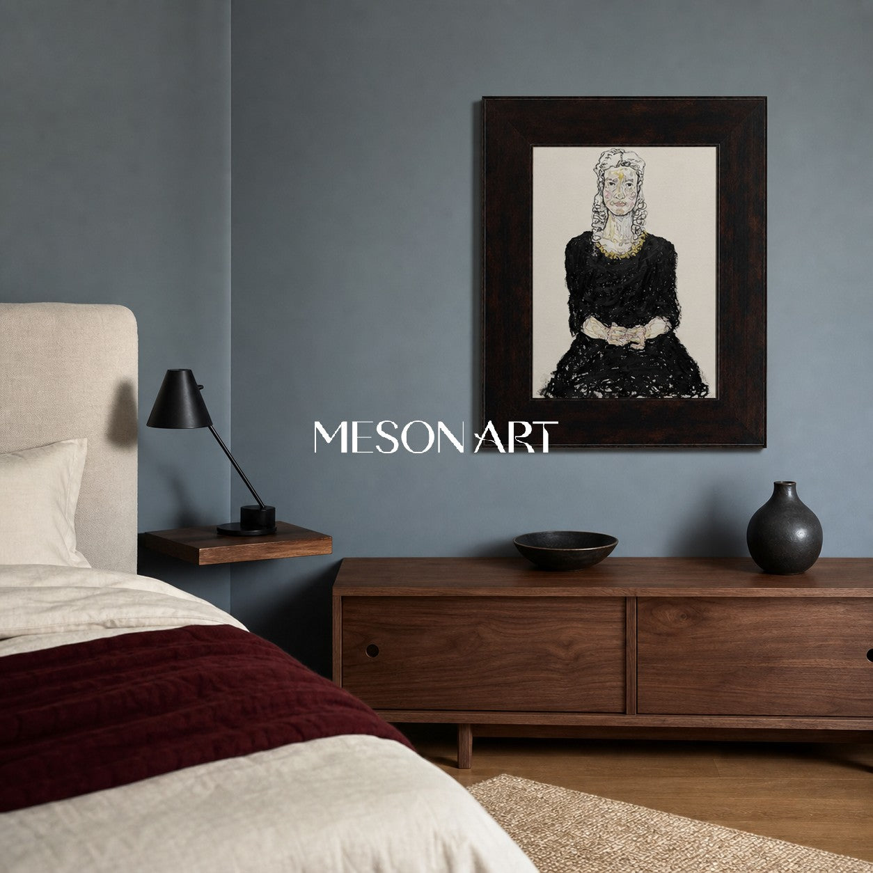 Abstract Modern Portrait Painting Black And Gold Art For Entryway