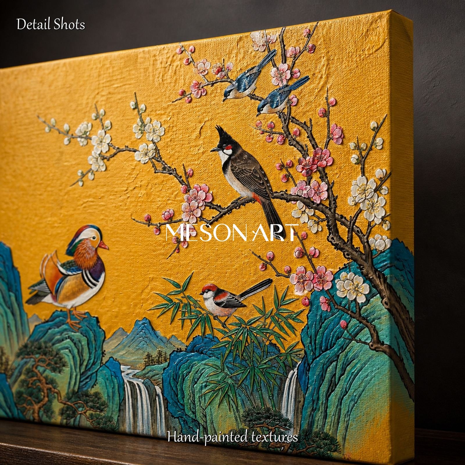 Gold And Blue Gongbi Painting Square Wall Art For Living Room By Mesonart