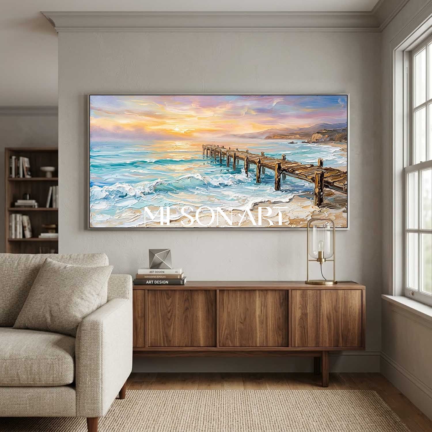 Luxury Coastal Seascape Painting With Impasto Texture For Modern Living Room Decor