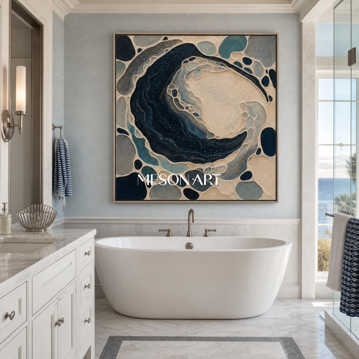 Ocean Blue Plaster Texture Art For Coastal Living Room And Bedroom Decor