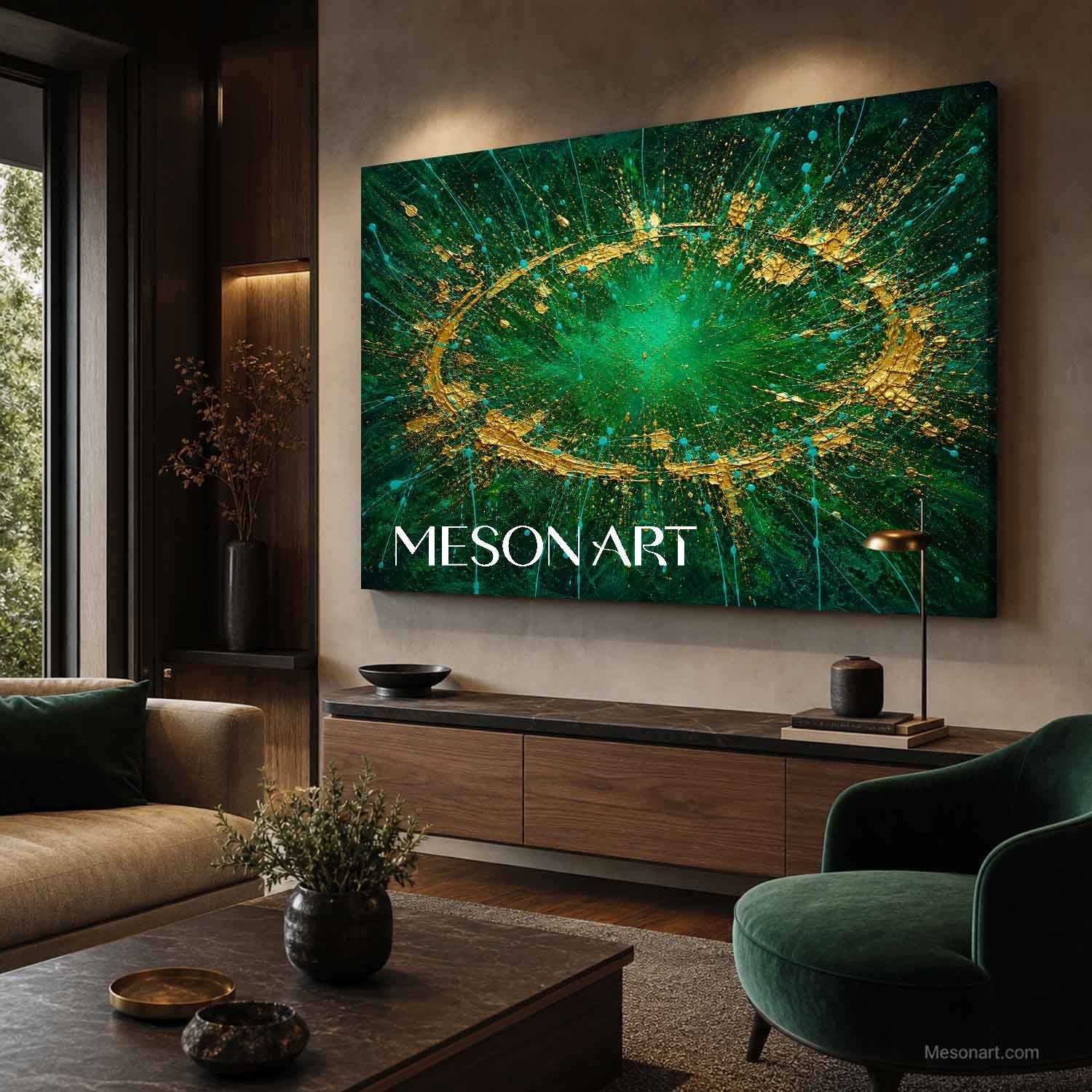 Emerald Green And Gold Abstract Art Painting Modern Decor For Living Room Entryway