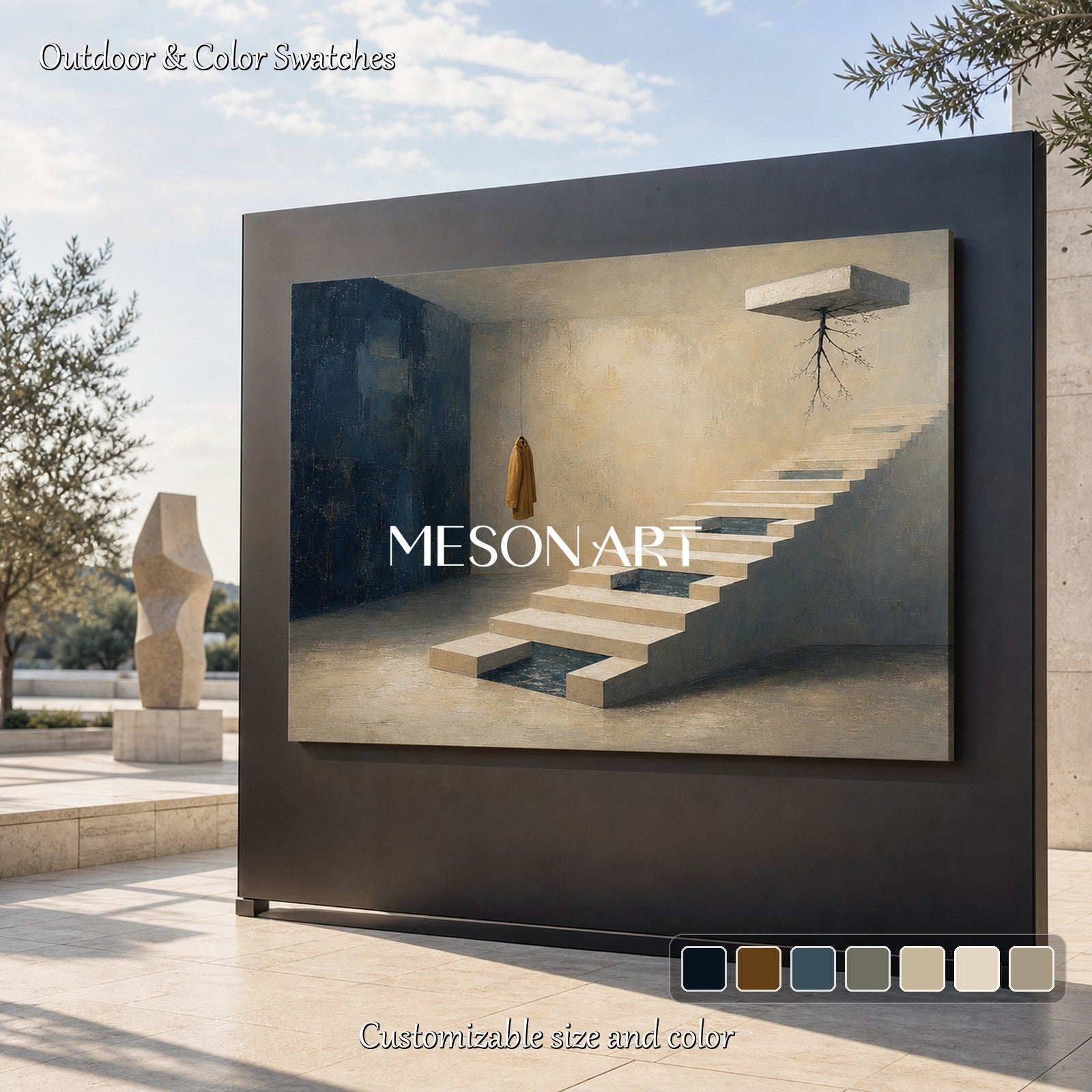 Surrealist Staircase Painting With Floating Roots And Coat For Executive Office Decor