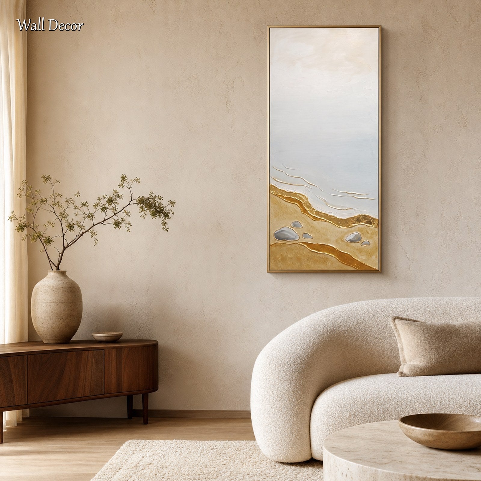 Quadro 3D raffigurante una spiaggia dorata con texture e dettagli metallici, ideale per l'arredamento di un soggiorno moderno