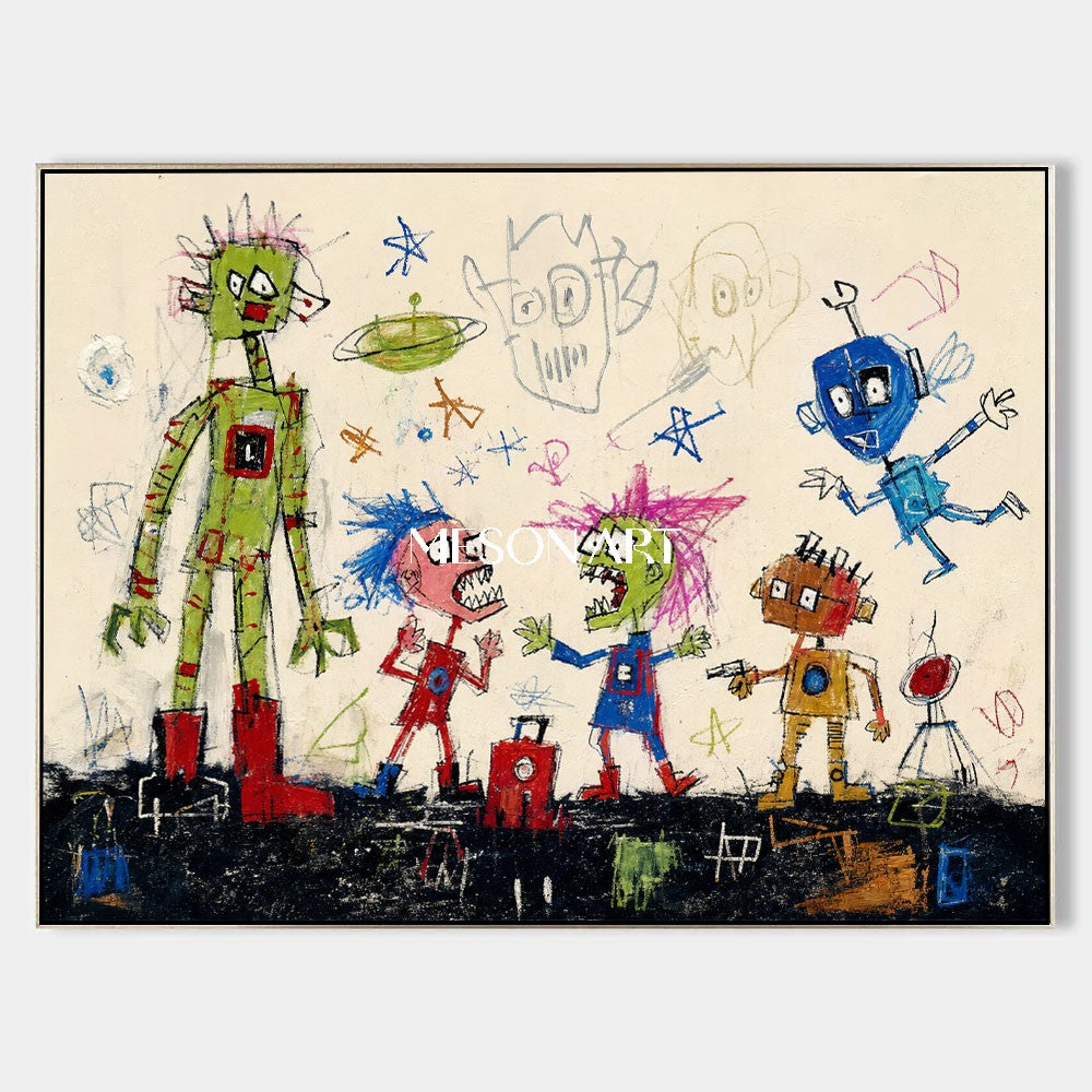 Vibrant Pop Art Graffiti Painting With Cartoon Characters For Modern Living Room Decor