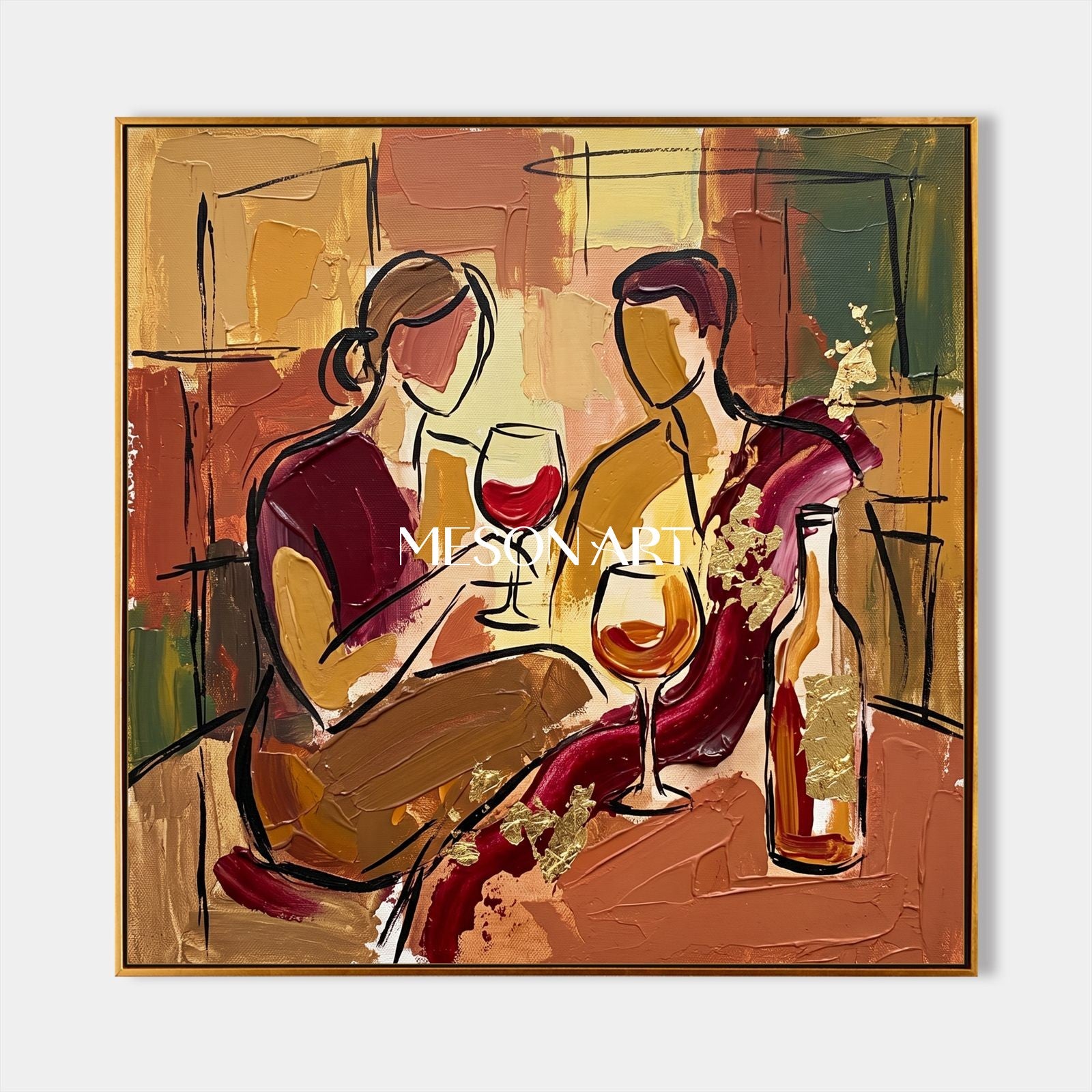 Red And Gold Wine Tasting Art Contemporary Painting Square Wall Decor For Dining Room By Mesonart