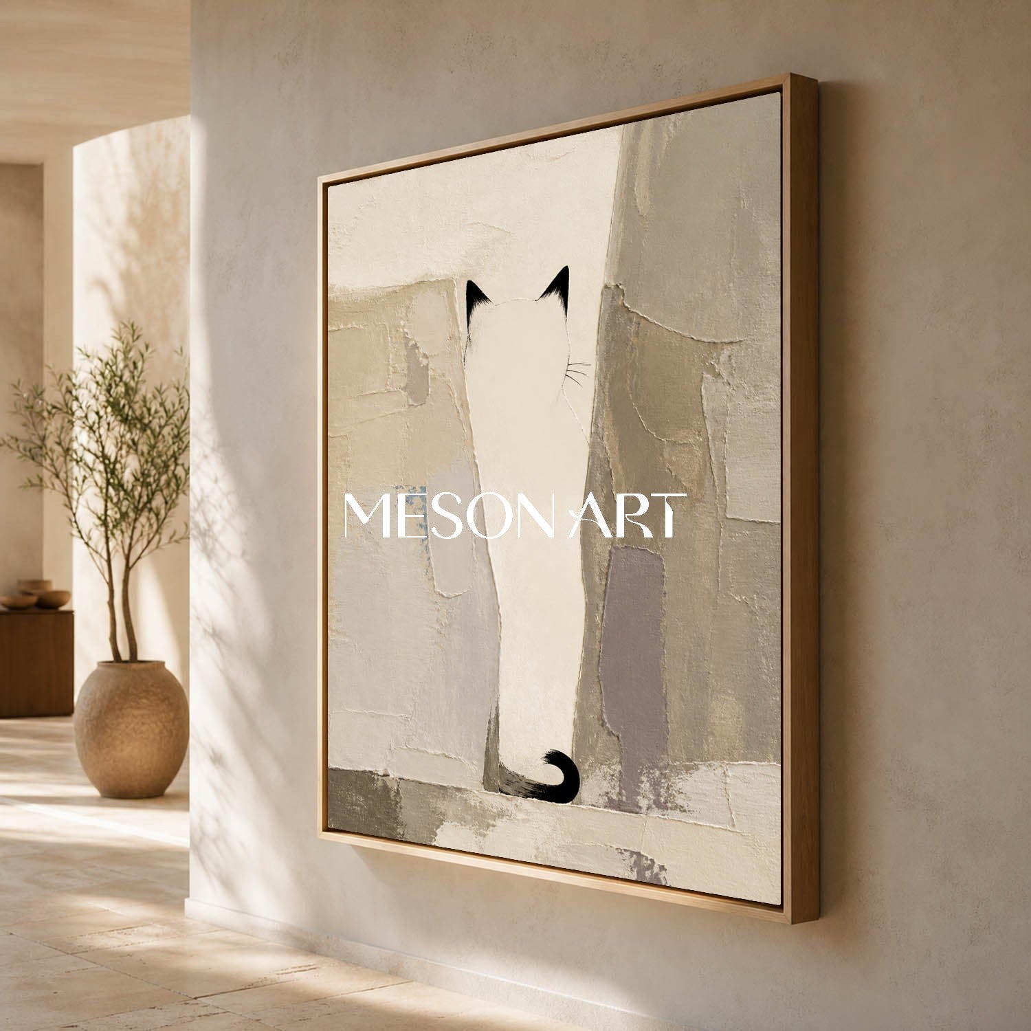 Minimalist Cat Abstract Art With Textured Beige And Black Tones For Contemporary Home Decor