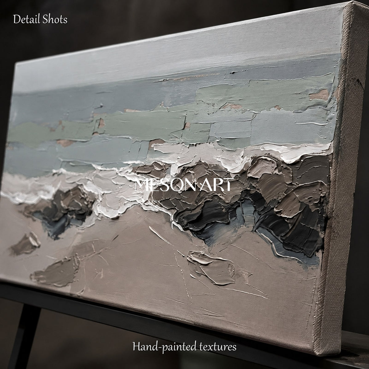 Dipinto astratto nei toni del grigio e del marrone per decorazione murale: opera d'arte panoramica dai toni neutri di Mesonart