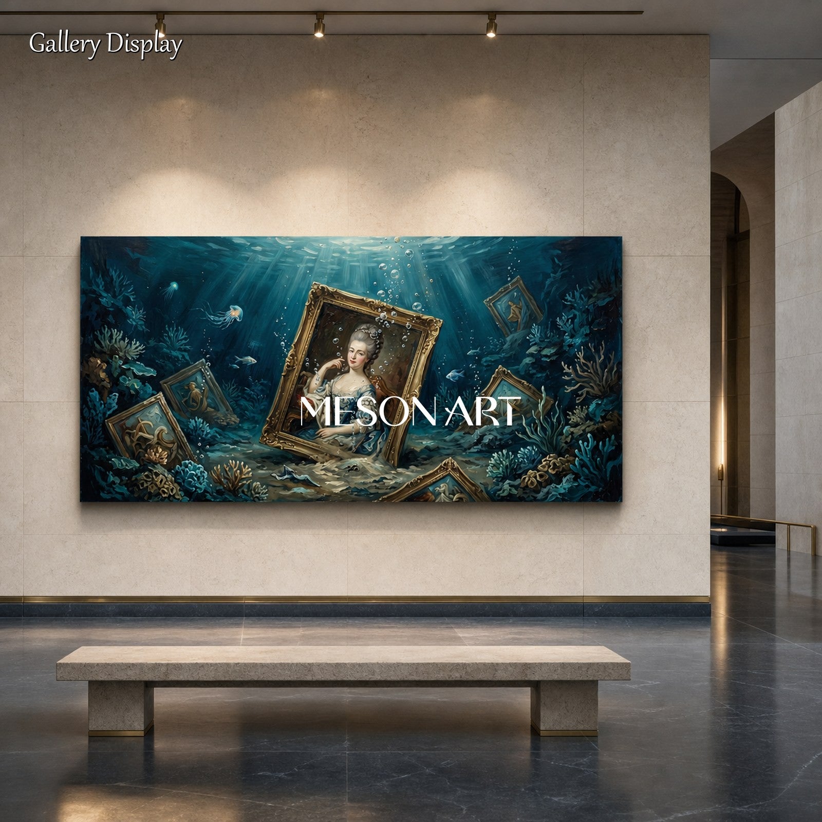 Blue And Gold Surrealism Figurative Art Panoramic Wall Decor Original Artist Hand Painted By Mesonart