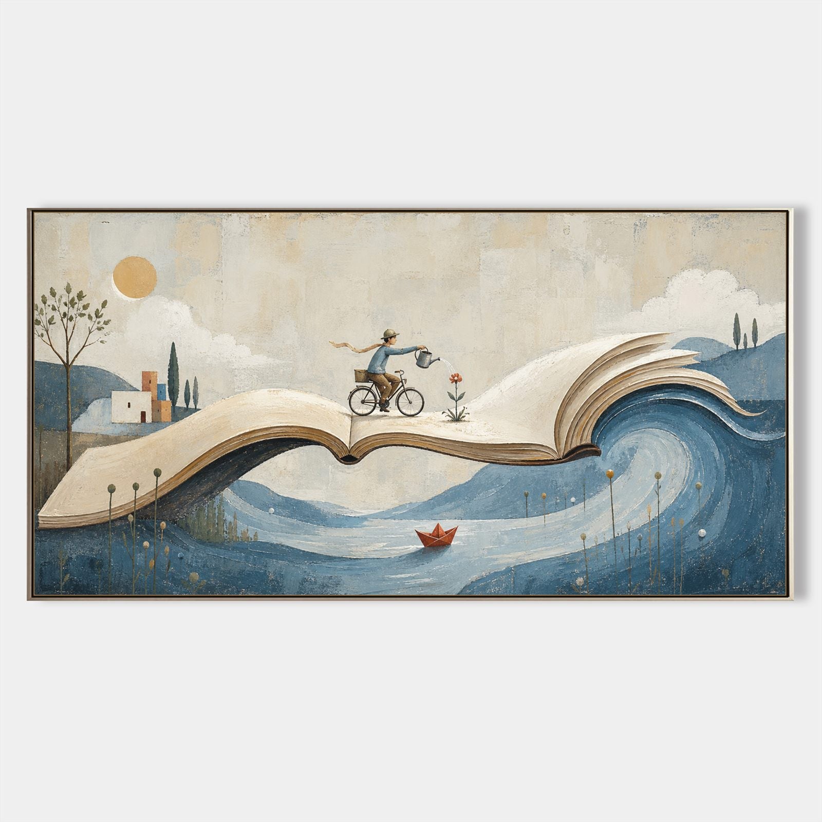 Surrealist Fantasy Painting With Book And Wave For Modern Living Room Decor
