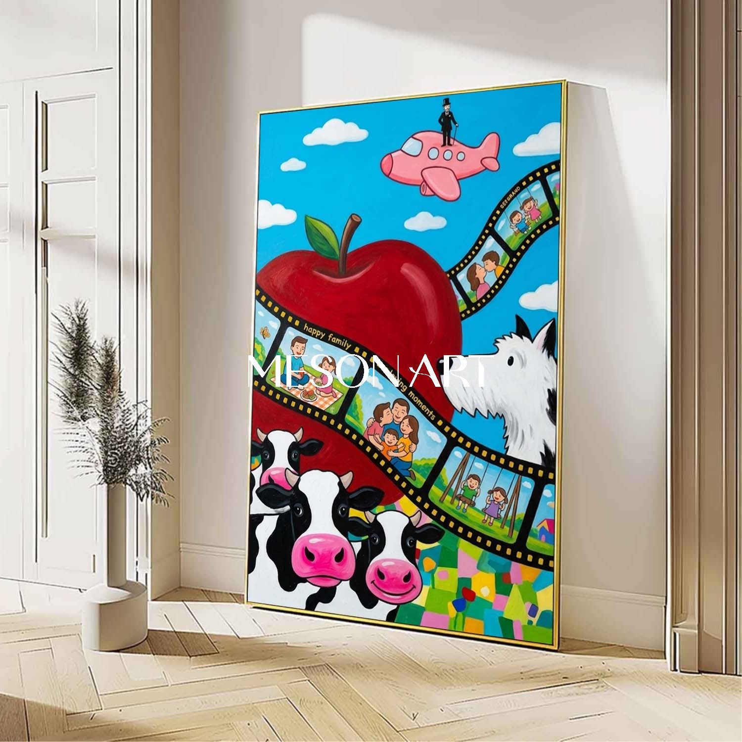 Surrealist Family Art With Cows And Apple For Kids Room Decor