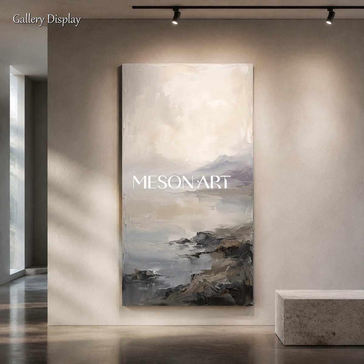Gray And White Neutral Panoramic Art Painting For Wall By Artist Original Framed Large Artwork By Mesonart