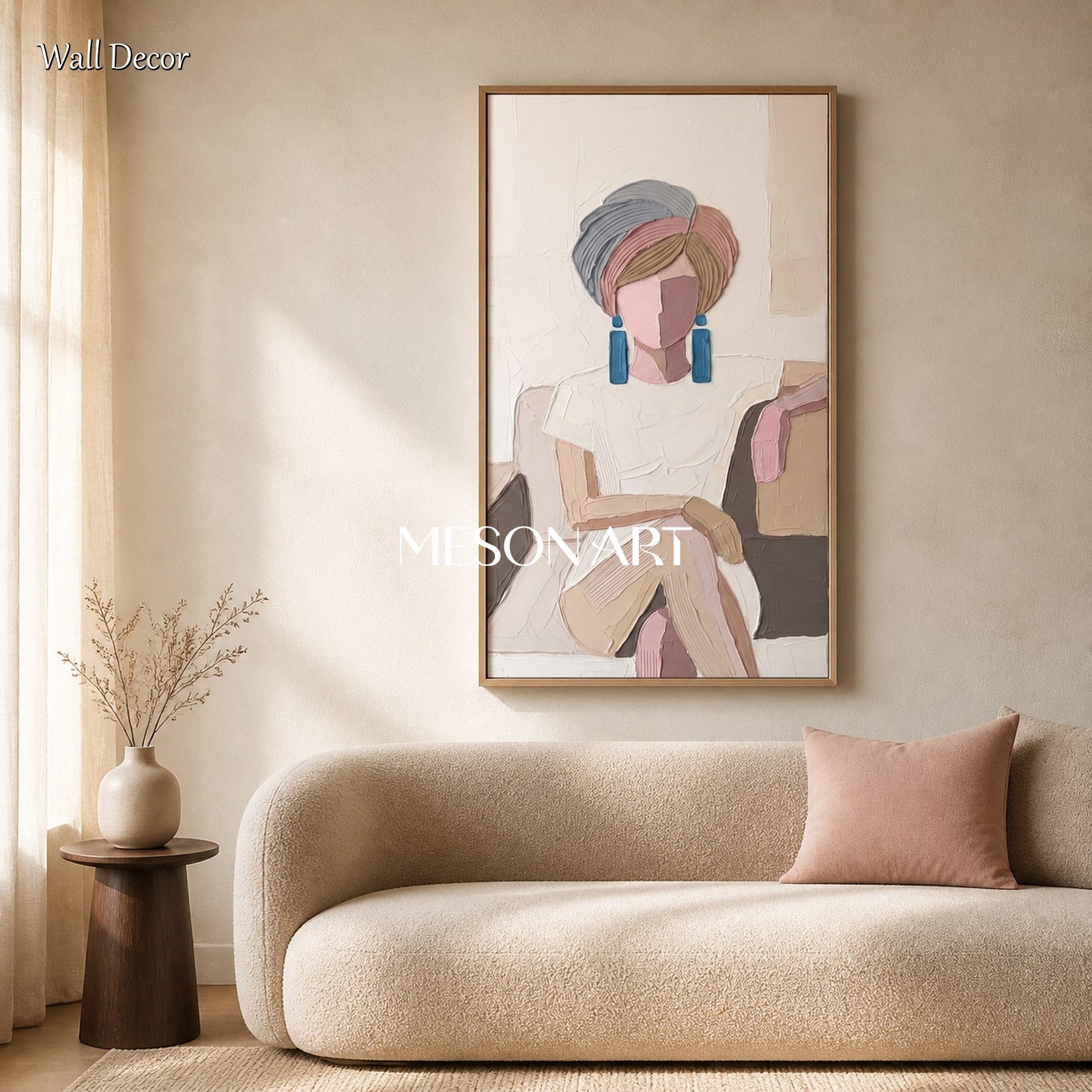 Beige And Pink Abstract Portrait Panoramic Textured Painting Original Artist Hand Painted Contemporary Art By Mesonart