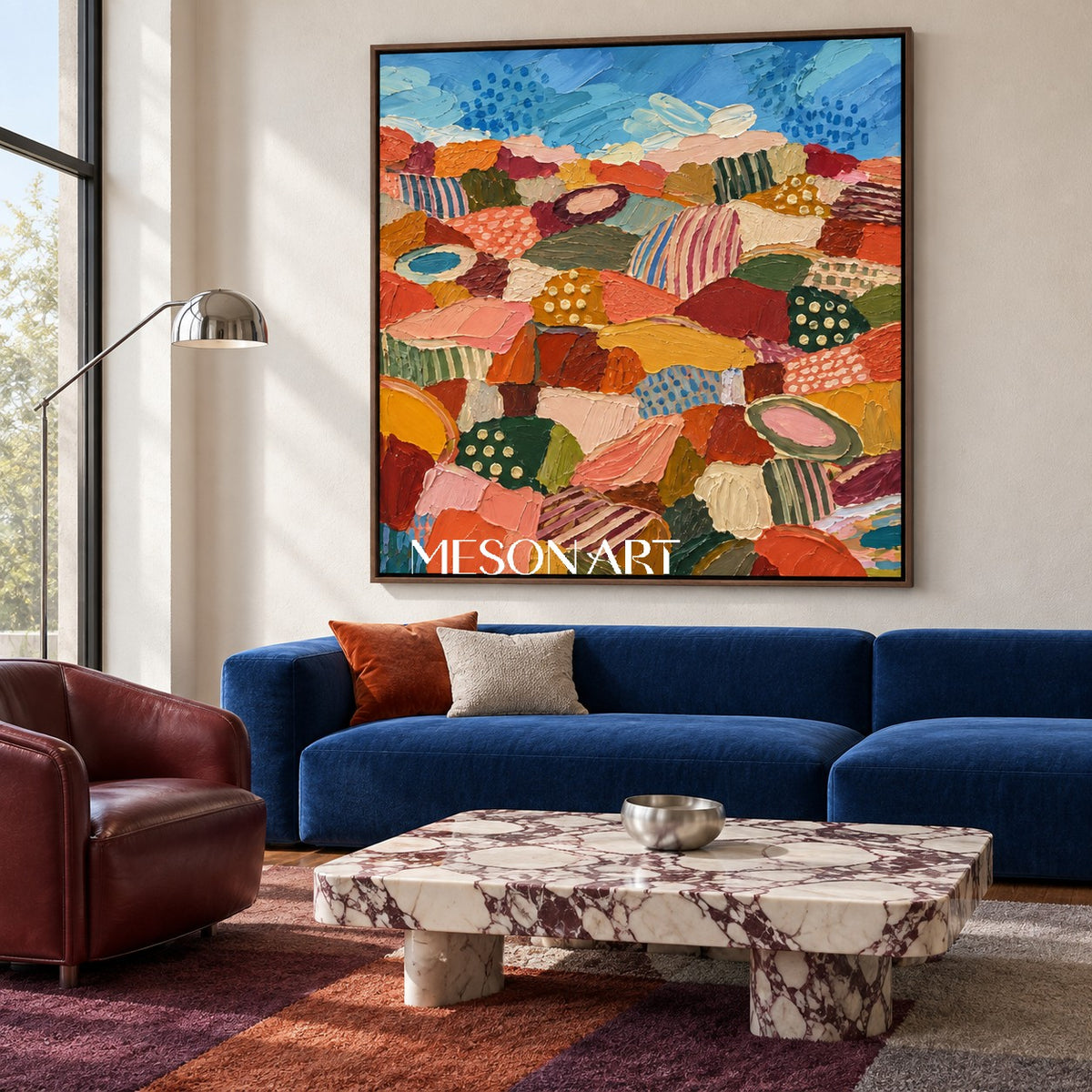 Blue And Orange Abstract Landscape Painting Original Hand Painted Square Wall Art For Living Room By Mesonart