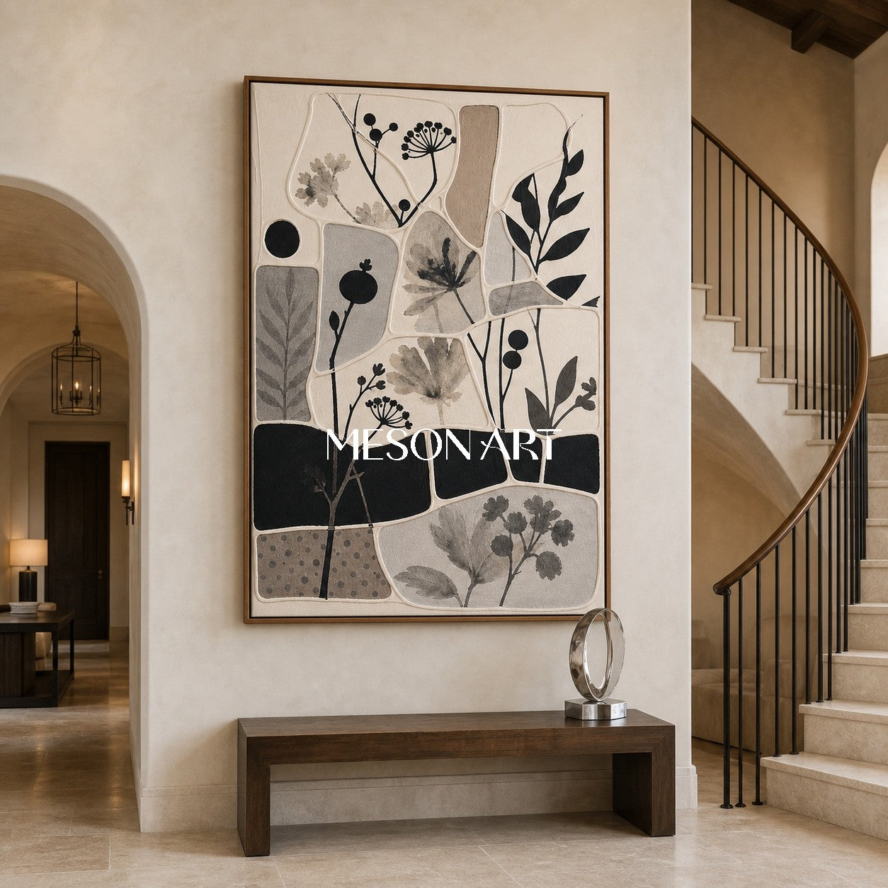 Monochrome Botanical Collage Art With Textured Relief For Wabi-Sabi Home Decor