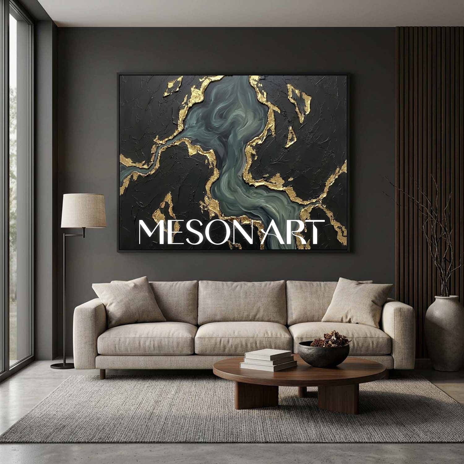 Gilded Midnight Ocean Plaster Art With Gold Veins For Living Room And Executive Office Decor