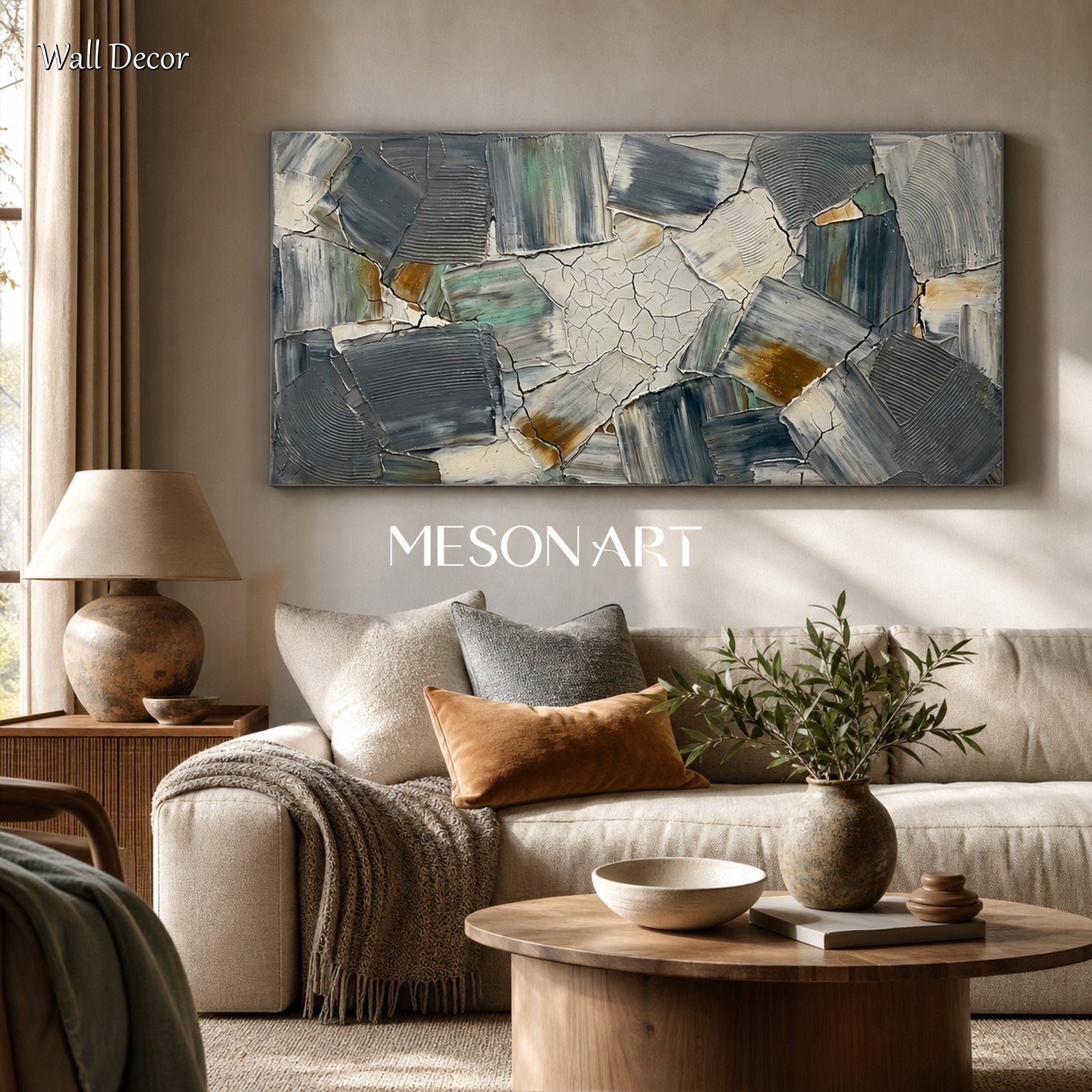 Green Wabi Sabi Wall Art Abstract Minimalist Painting With Cracked Texture For Living Room