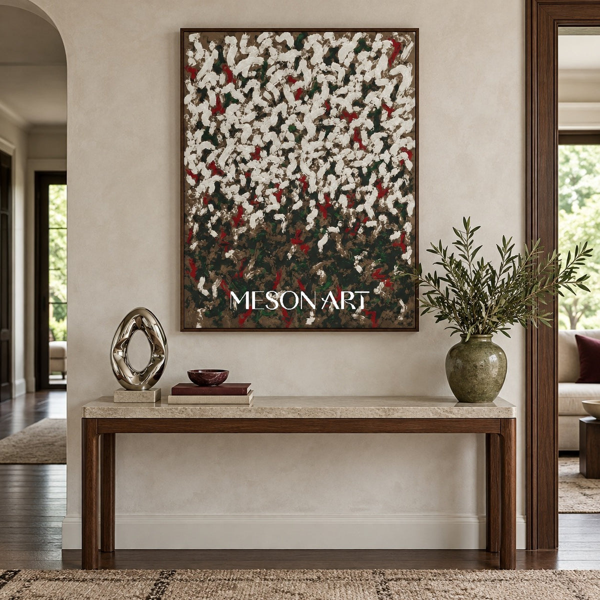 White And Green Abstract Wabi-Sabi Impasto Palette Knife Rectangular Wall Art For Living Room By Mesonart