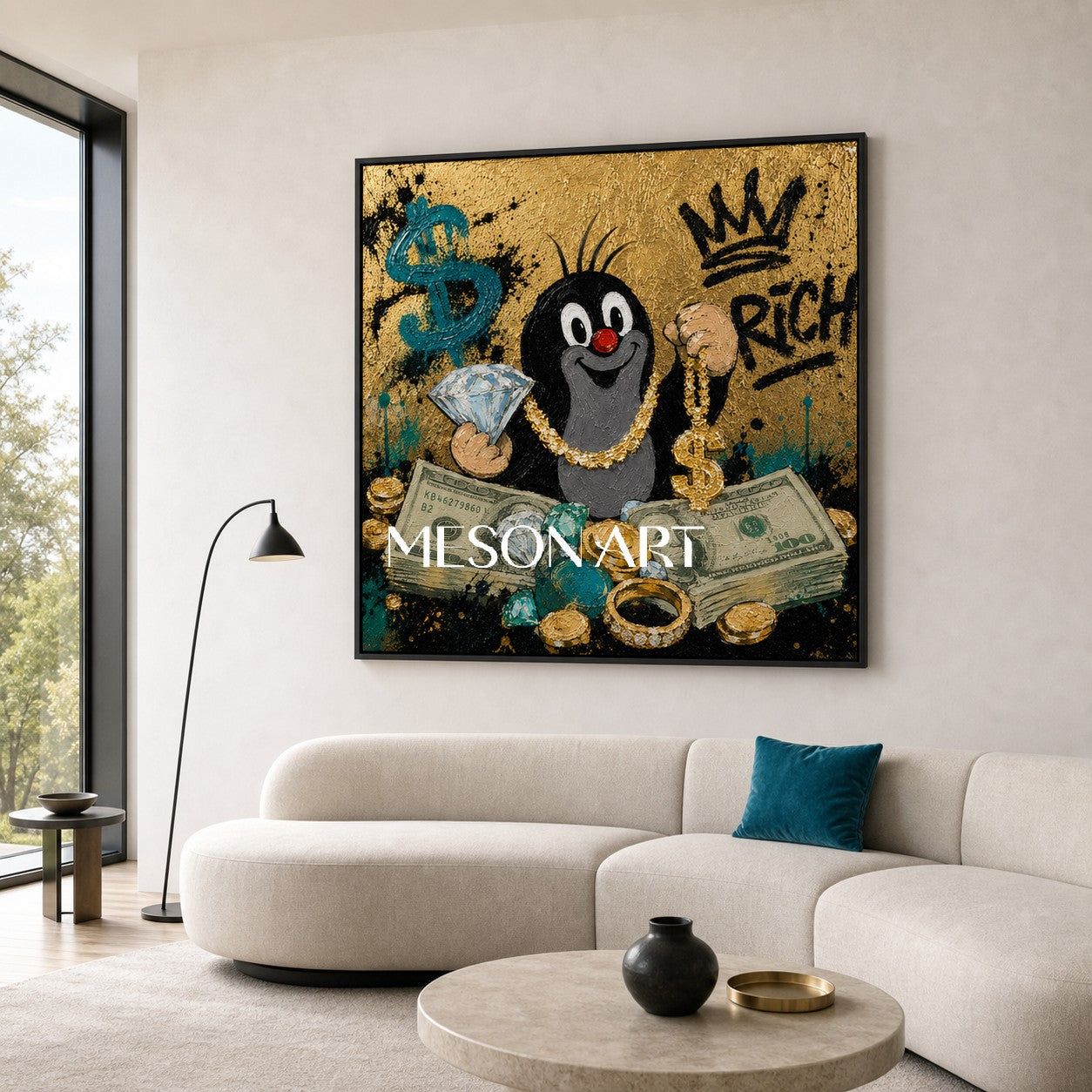 Luxury Pop Art Painting With Gold Texture And Cartoon Mole For Modern Living Room Decor
