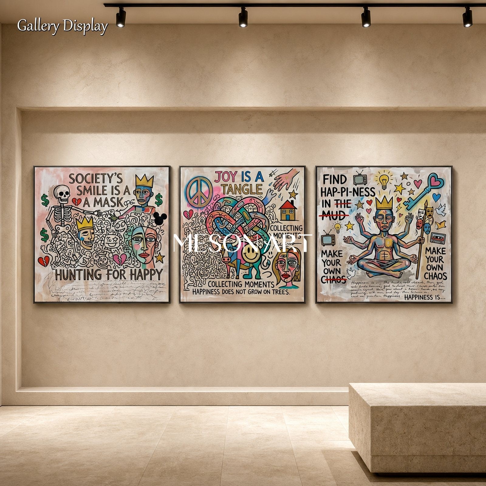 Vibrant Abstract Pop Art Triptych With Text For Modern Living Room Wall Decor