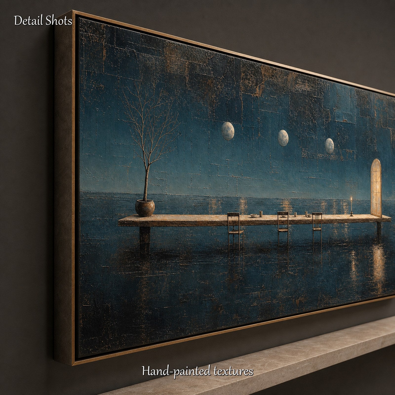 Surrealist Ocean Painting With Golden Door And Triple Moons For Modern Living Room Decor