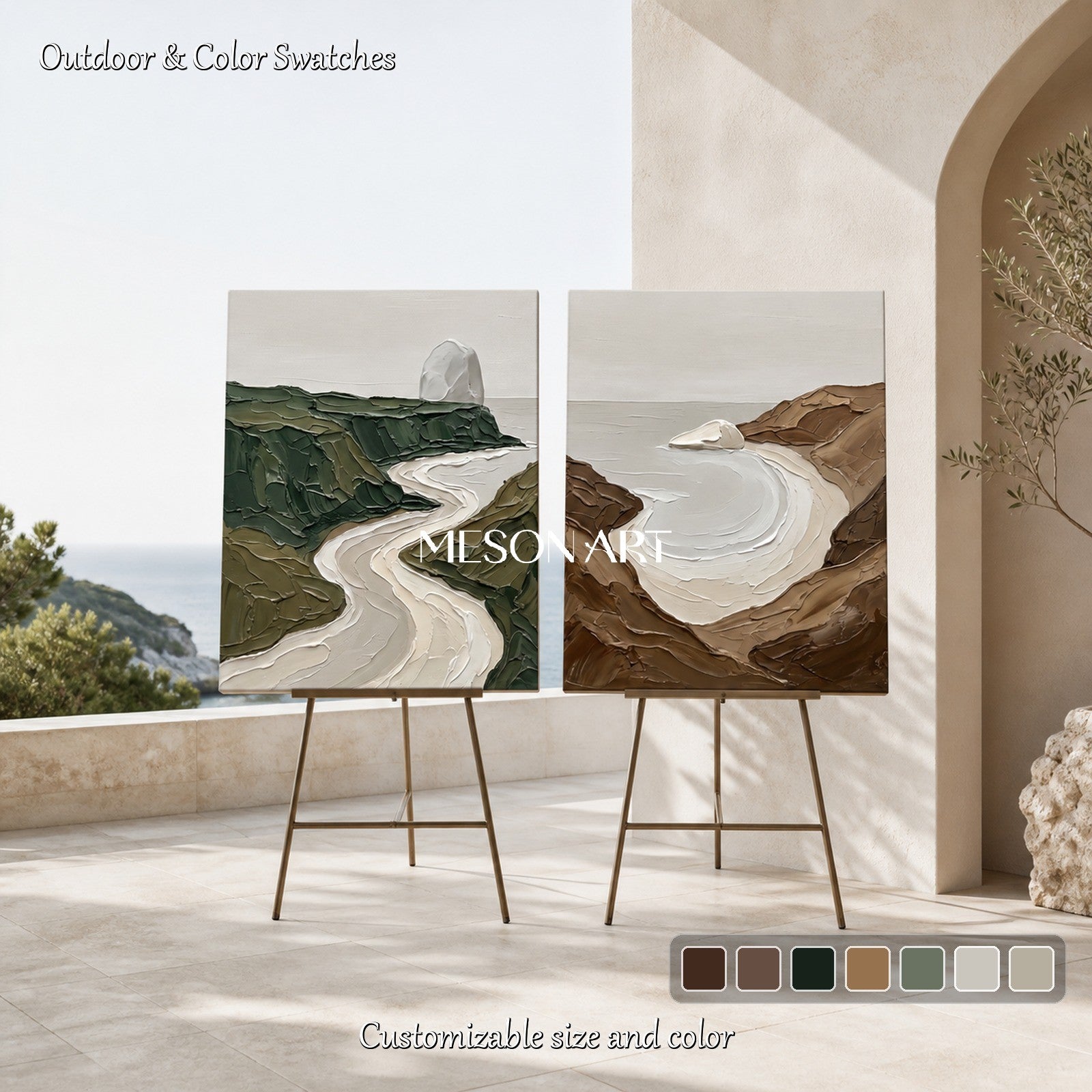 Green And Brown Painting Modern Textured Landscape Art Rectangular Wall Decor For Living Room By Mesonart