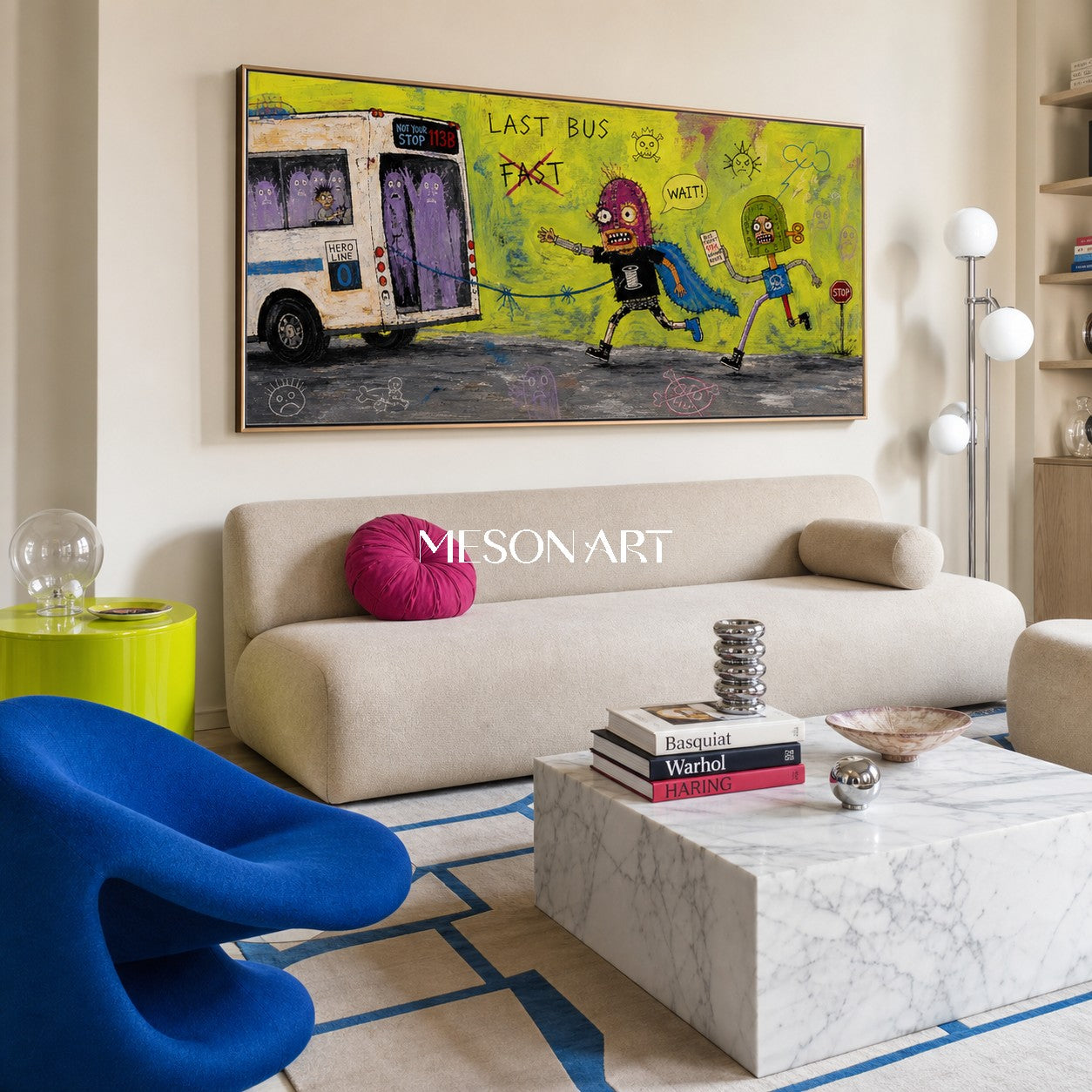 Green And Purple Graffiti Narrative Cartoon Bus Urban Textured Panoramic Wall Art Original Artist By Mesonart