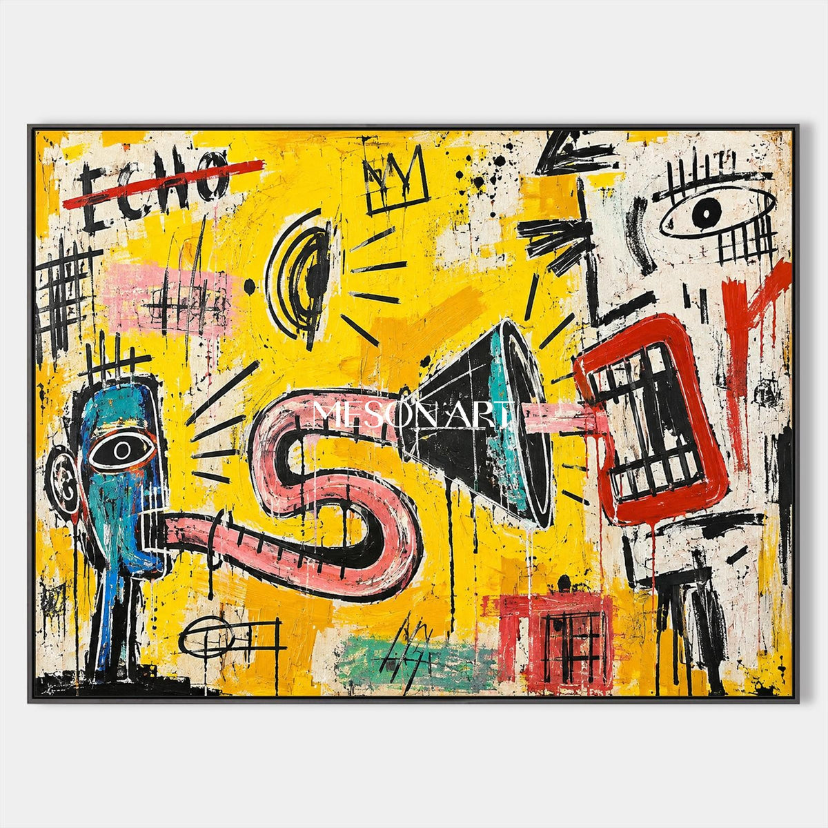 Yellow And Red Abstract Painting Neo Expressionist Street Art Rectangular Wall Decor For Living Room By Mesonart