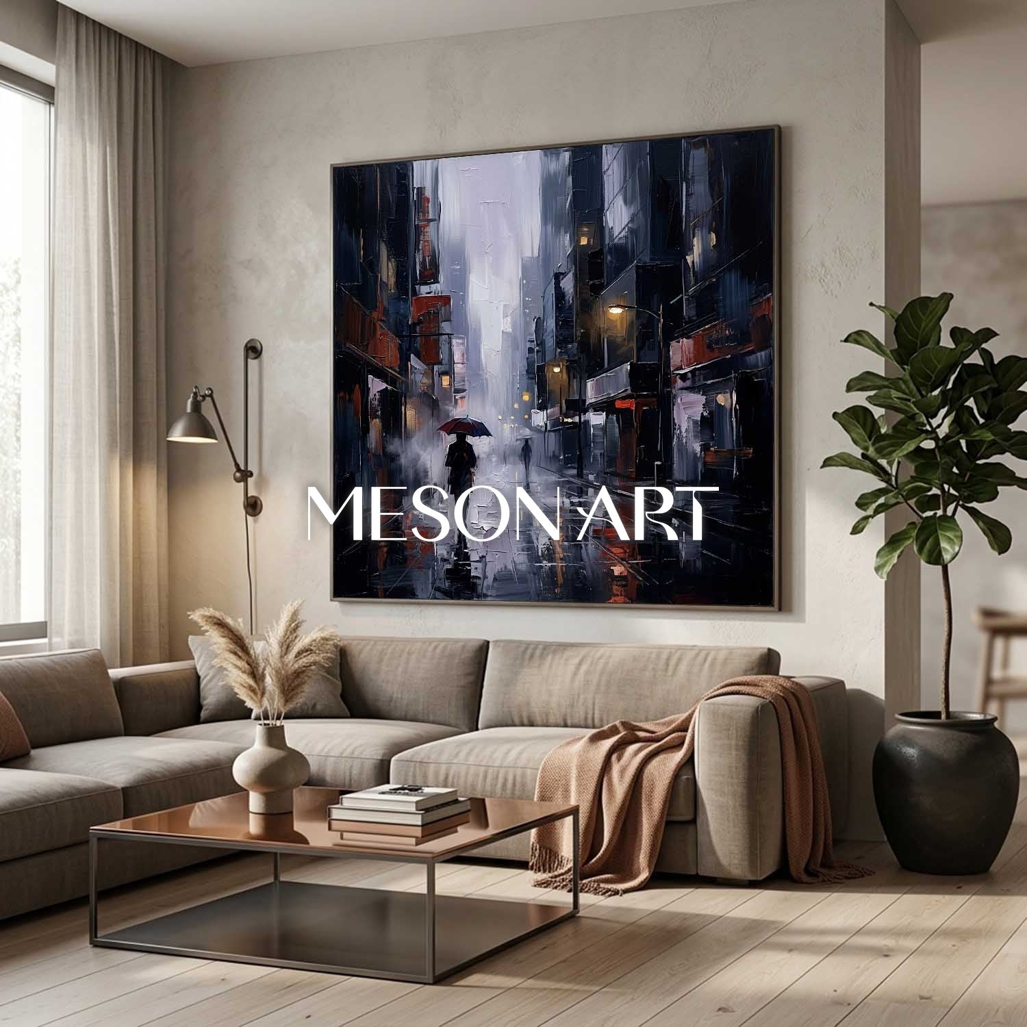 Abstract City Street Painting With Plaster Texture For Modern Living Room Decor