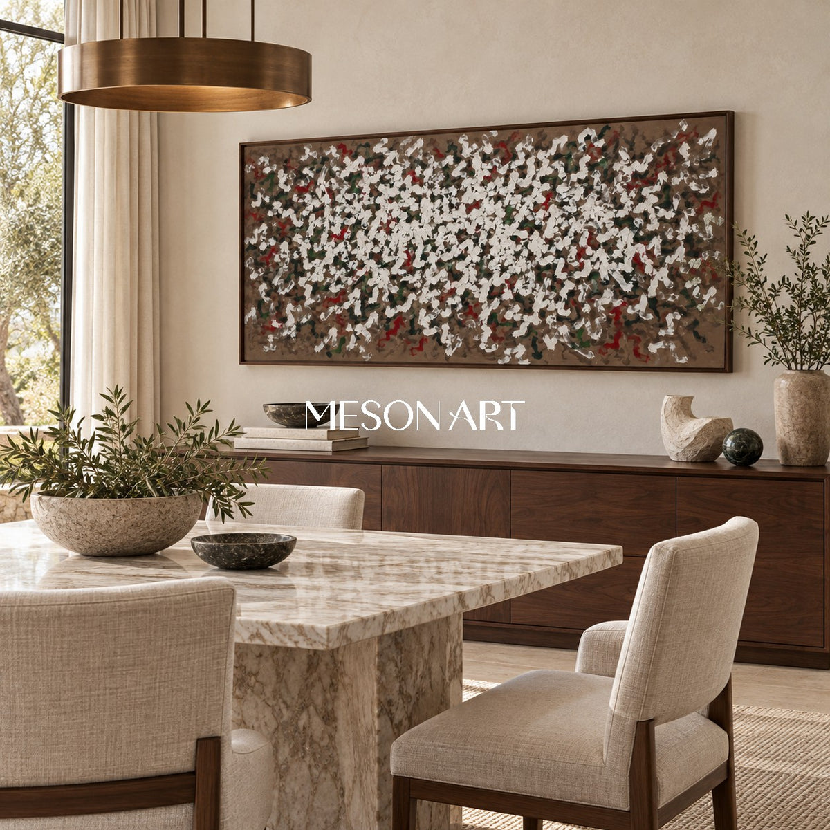 Brown And White Abstract Art Panoramic Wabi-Sabi Impasto Palette Knife Original Artwork By Mesonart