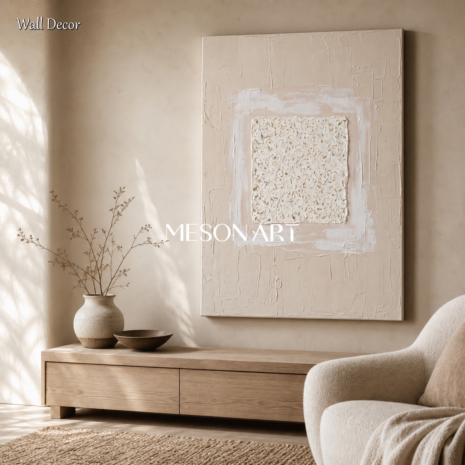 Minimalist Beige Abstract Art With Textured Relief For Modern Home Decor