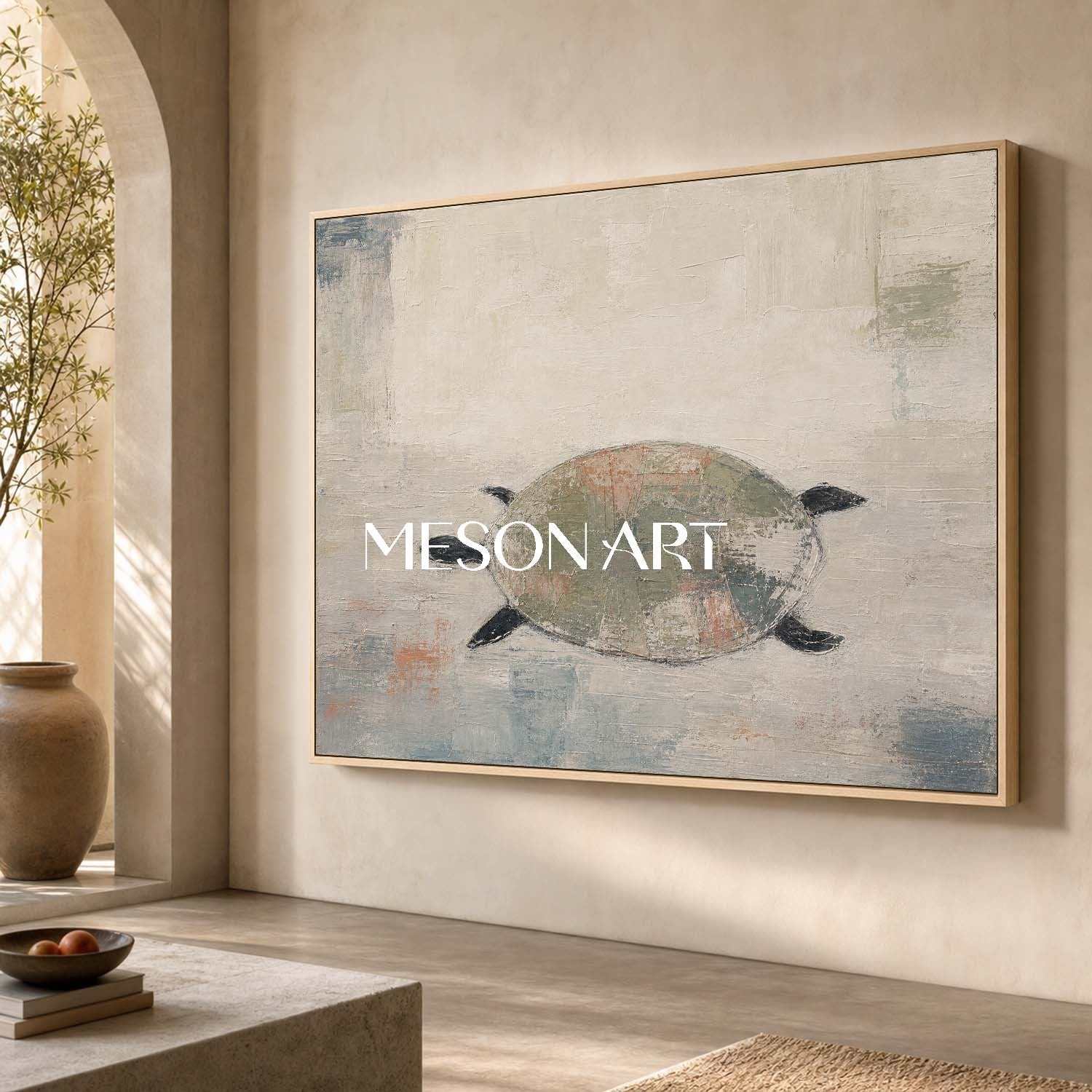 Minimalist Turtle Painting Abstract Green Grey Wall Art For Modern Living Room And Bedroom Decor