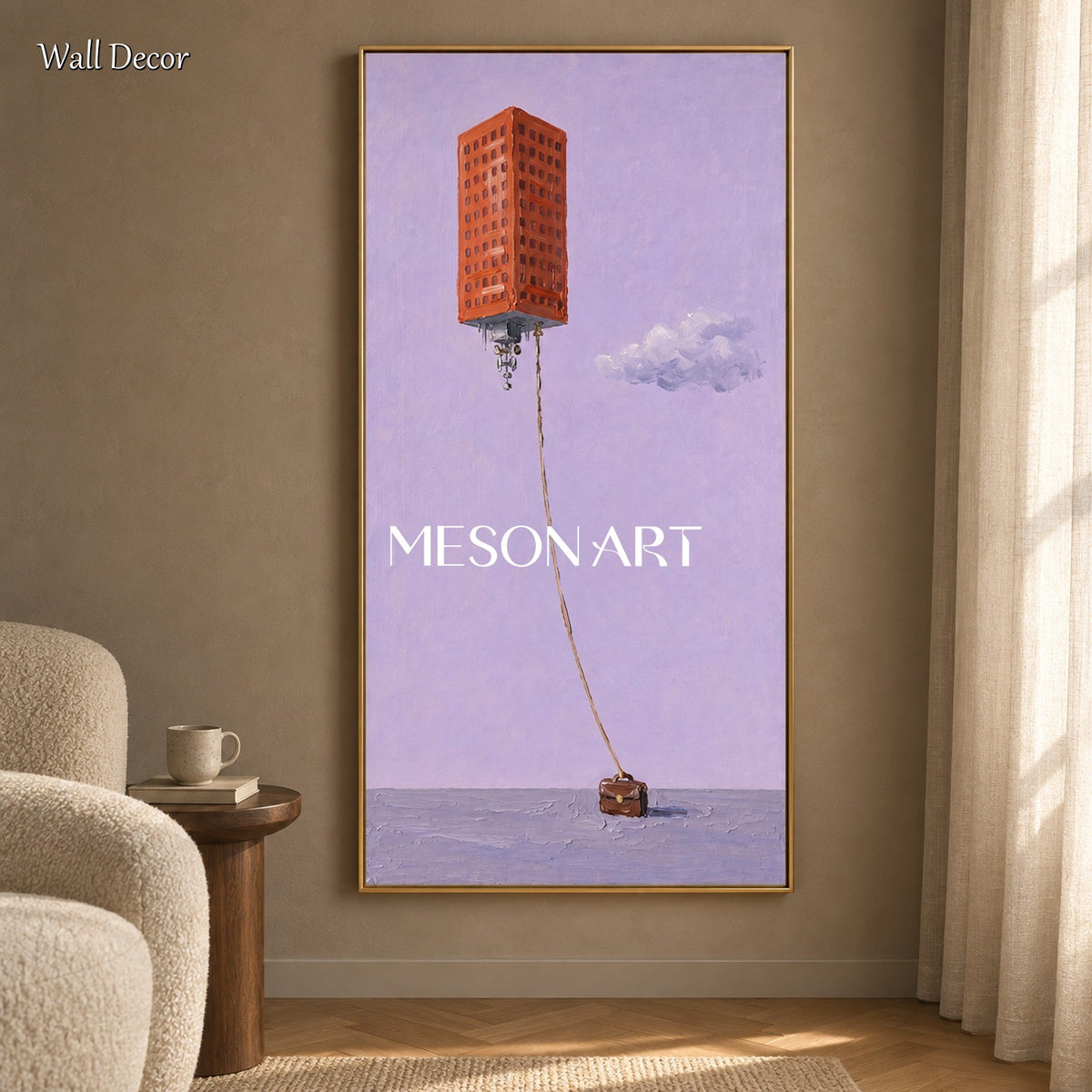 Purple And Brown Surrealist Floating Building Panoramic Wall Art For Living Room By Mesonart