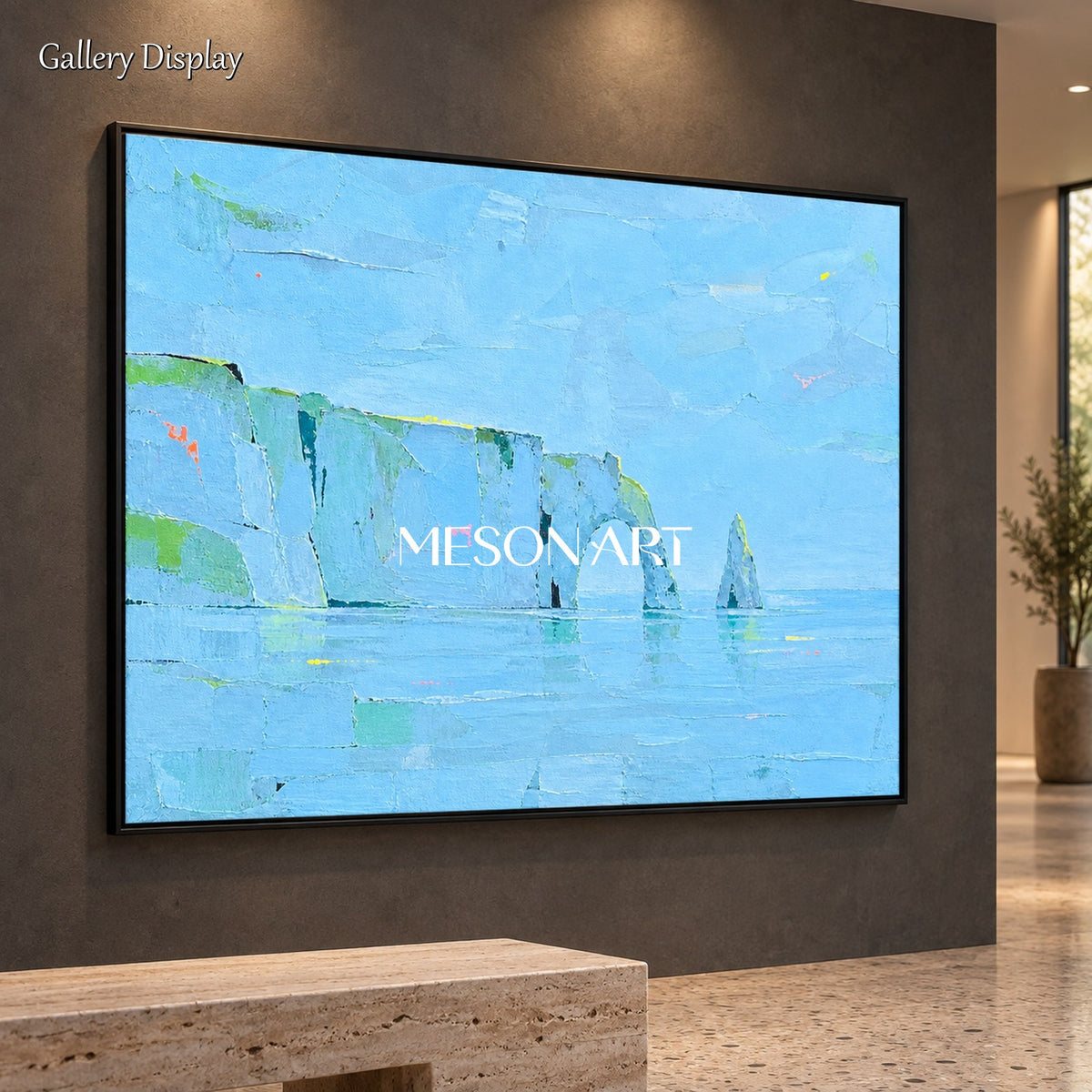 Blue And Green Abstract Landscape Painting Rectangular Wall Art Original Artist Palette Knife By Mesonart