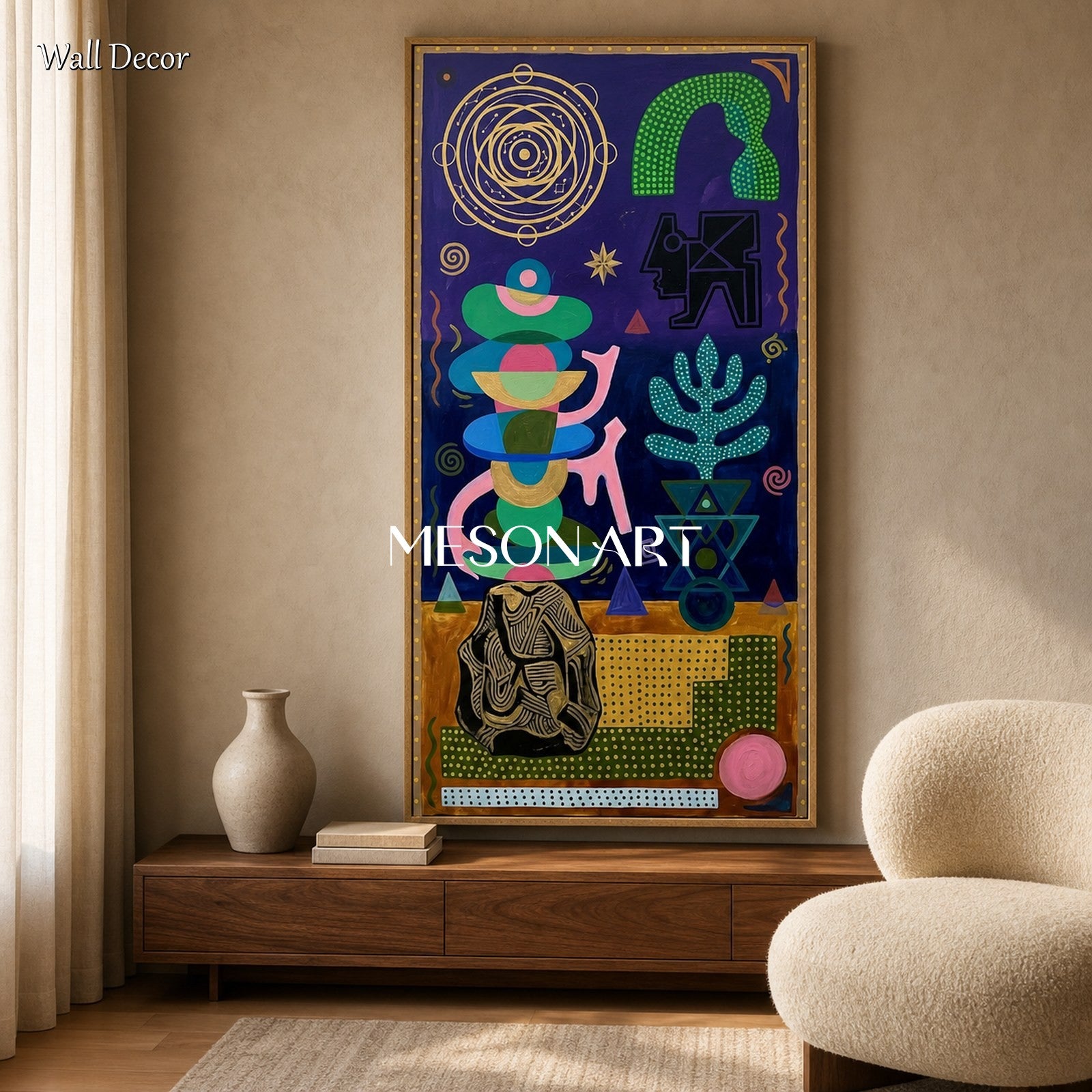 Surrealist Geometric Art Print With Gold Accents For Living Room Entryway Decor