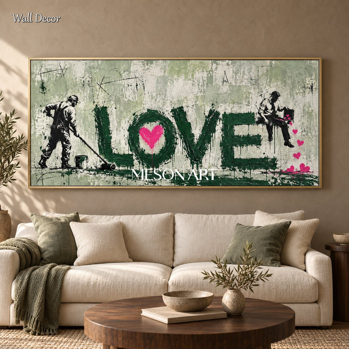 Green And Pink Abstract Graffiti Painting Hand Painted Neo Expressionist Panoramic Wall Art By Mesonart