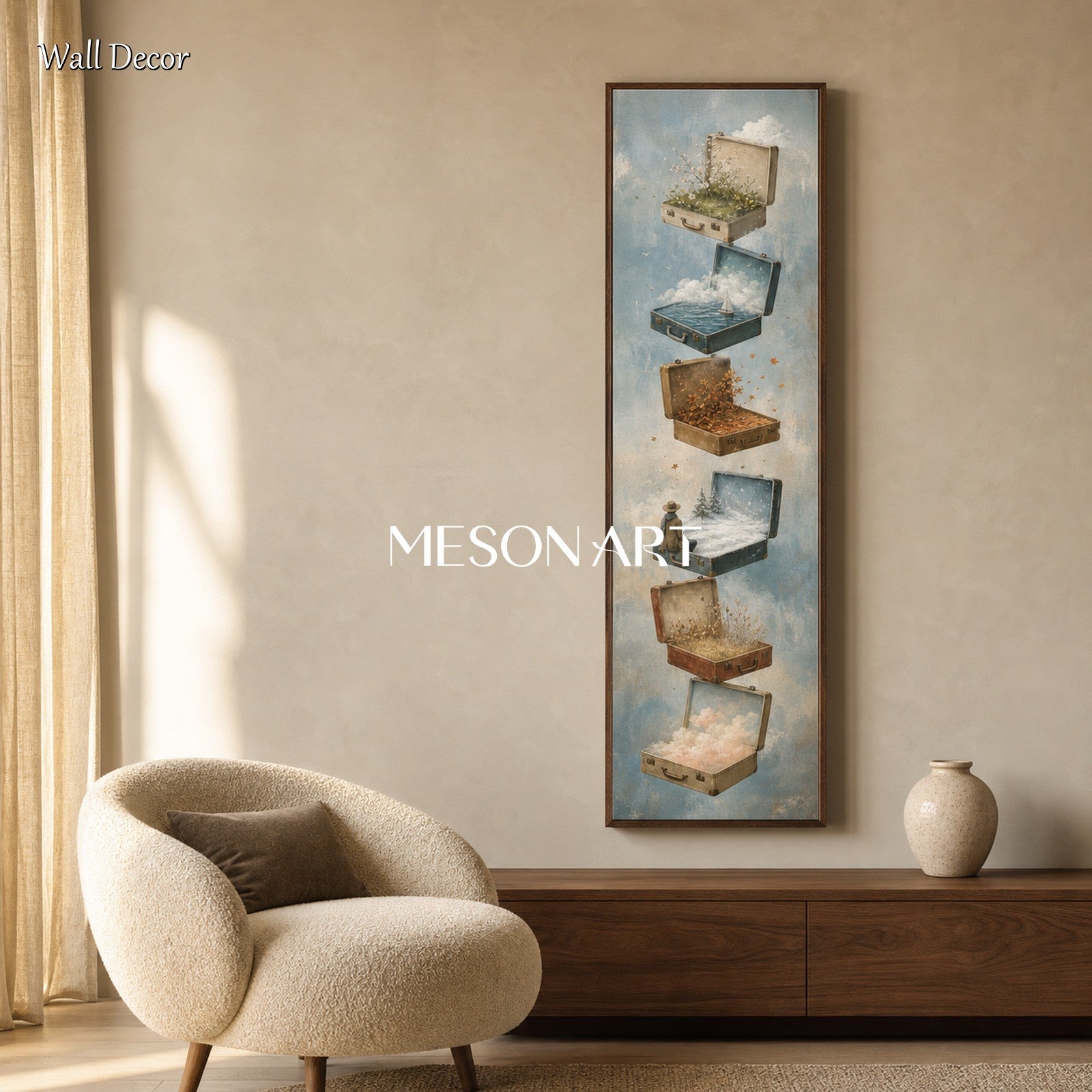 Surrealist Travel Art Painting With Floating Suitcases For Entryway Decor