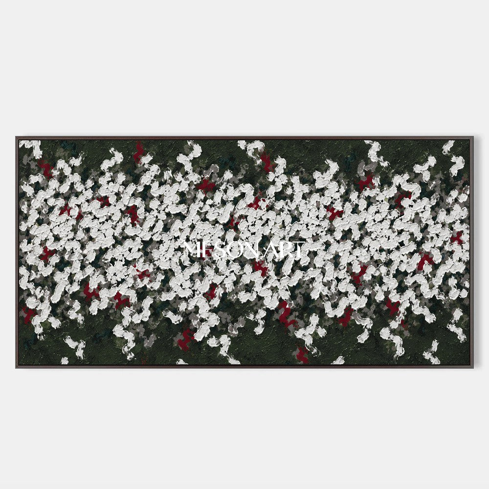 Green And White Abstract Art Wabi-Sabi Impasto Palette Knife Panoramic Wall Decor For Living Room By Mesonart