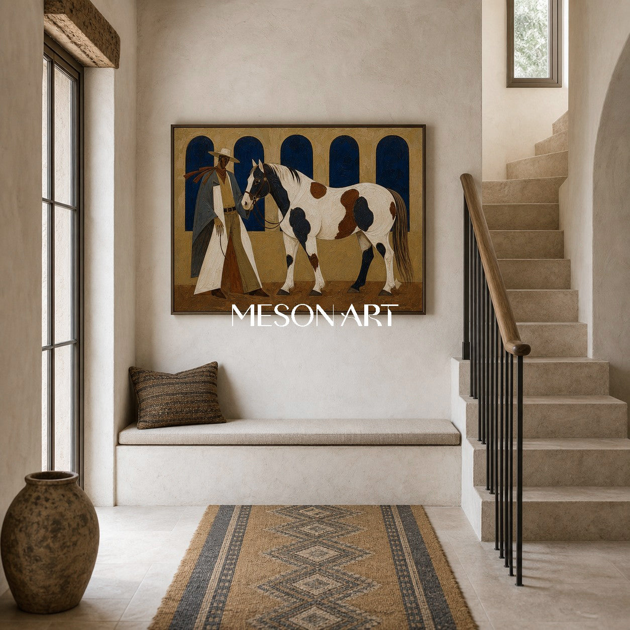 Cowboy And Horse Painting With Impasto Texture For Farmhouse Living Room Decor