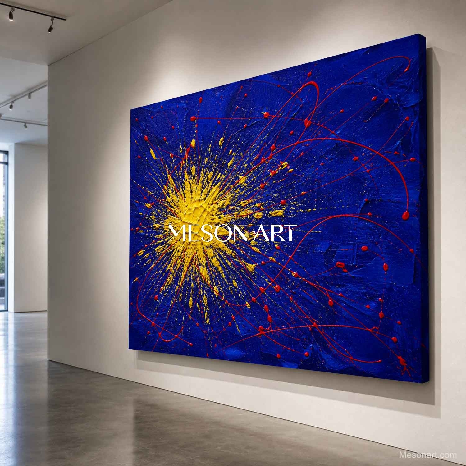 Blue And Yellow Pollock Abstract Painting With Red Splatter For Modern Living Room Decor