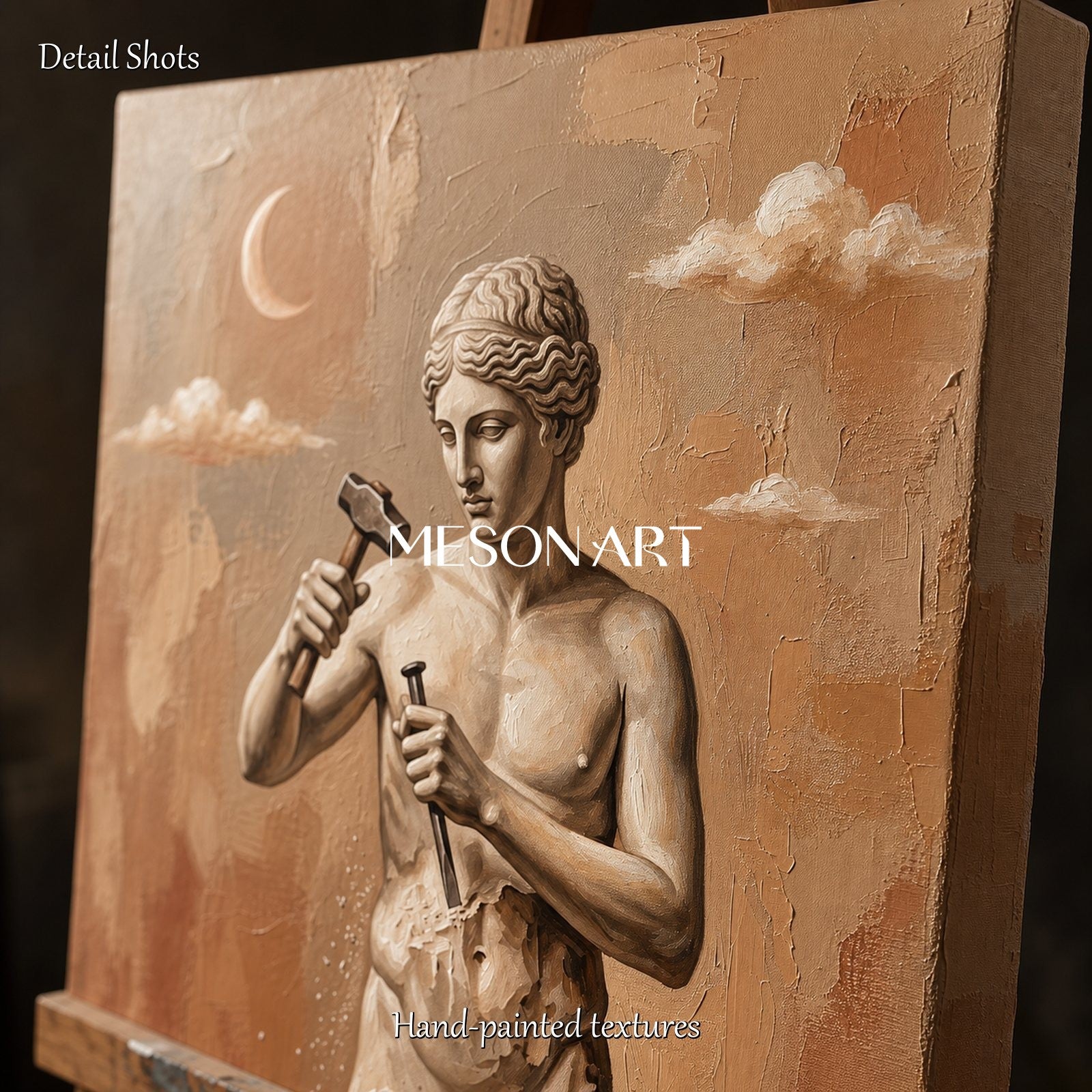 Surrealist Sculpture Painting With Moon And Clouds In Beige Brown Tones For Modern Living Room Decor